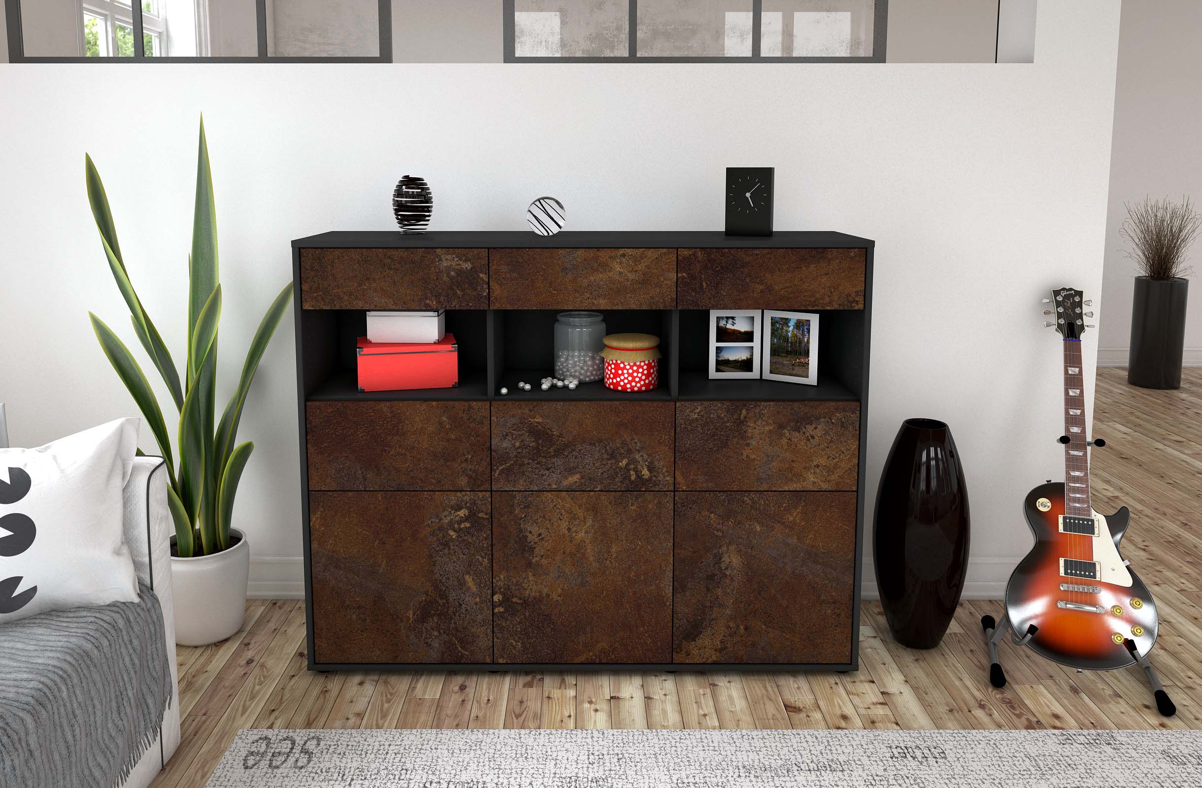 Highboard - Tina - Design Industrie Stil - Freistehend mit Push to Open 136 cm Anthrazit