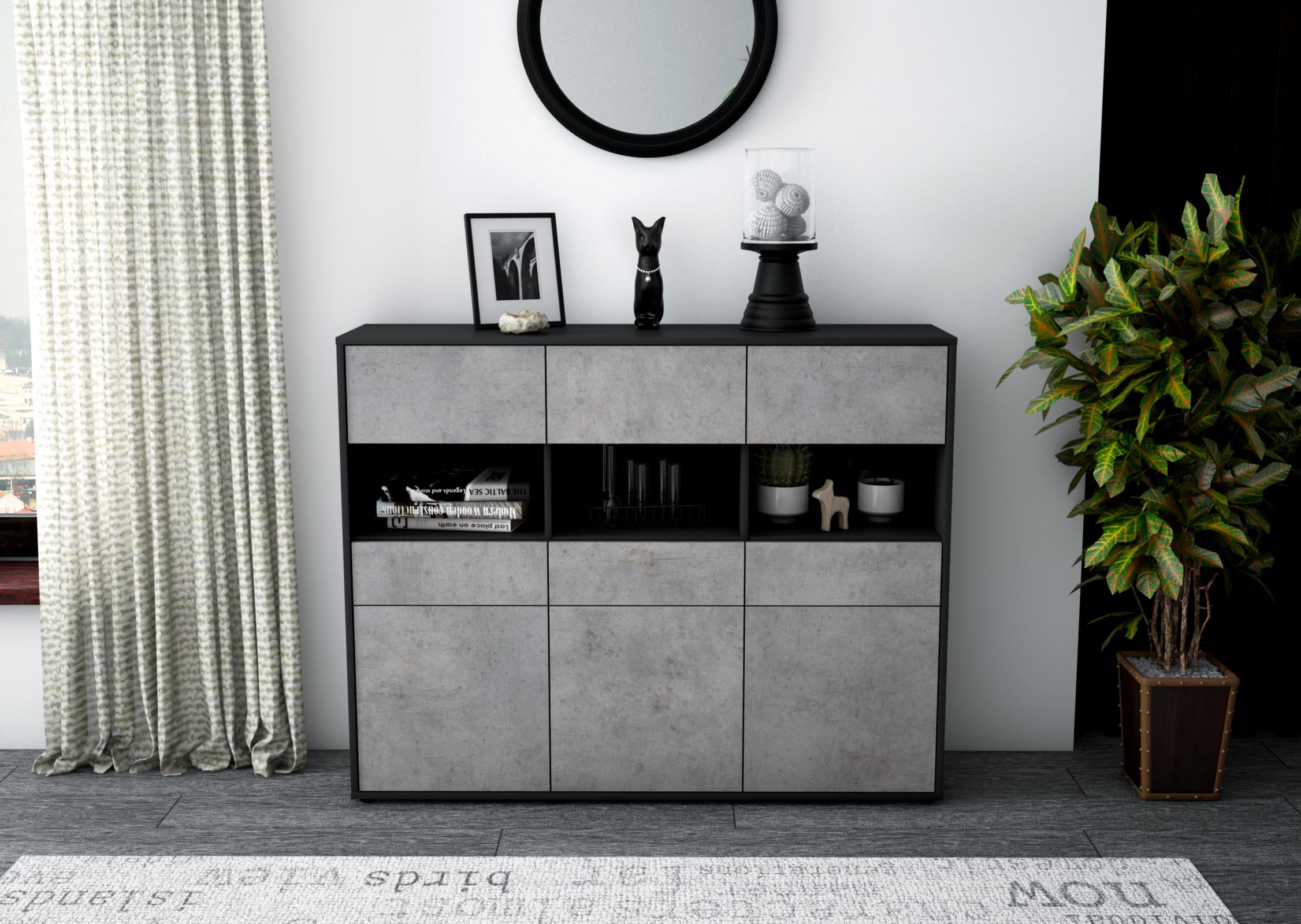 Highboard - Tizia - Design Industrie Stil - Freistehend mit Push to Open 136 cm Anthrazit