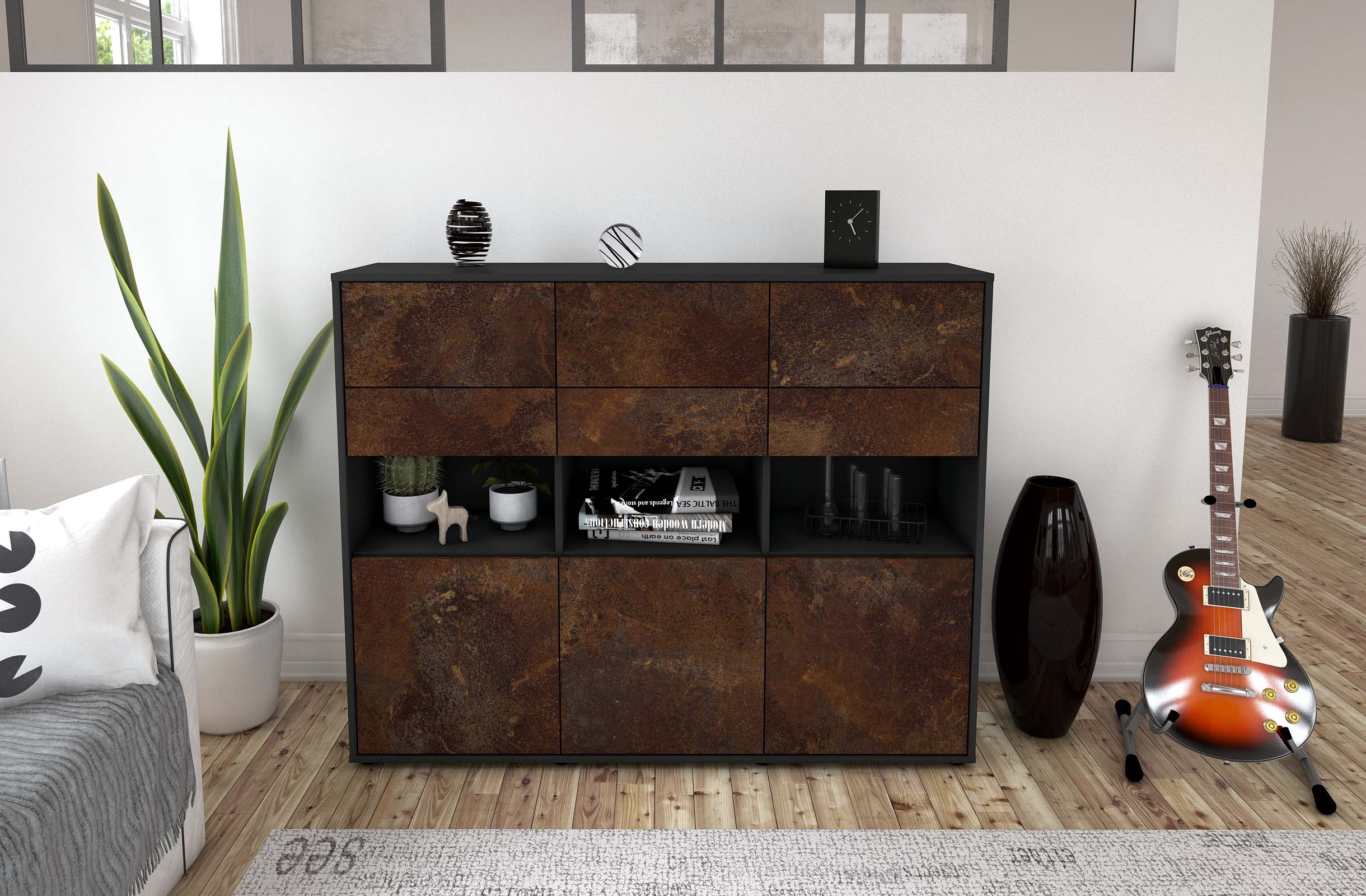 Highboard - Tiziana - Design Industrie Stil - Freistehend mit Push to Open 136 cm Anthrazit