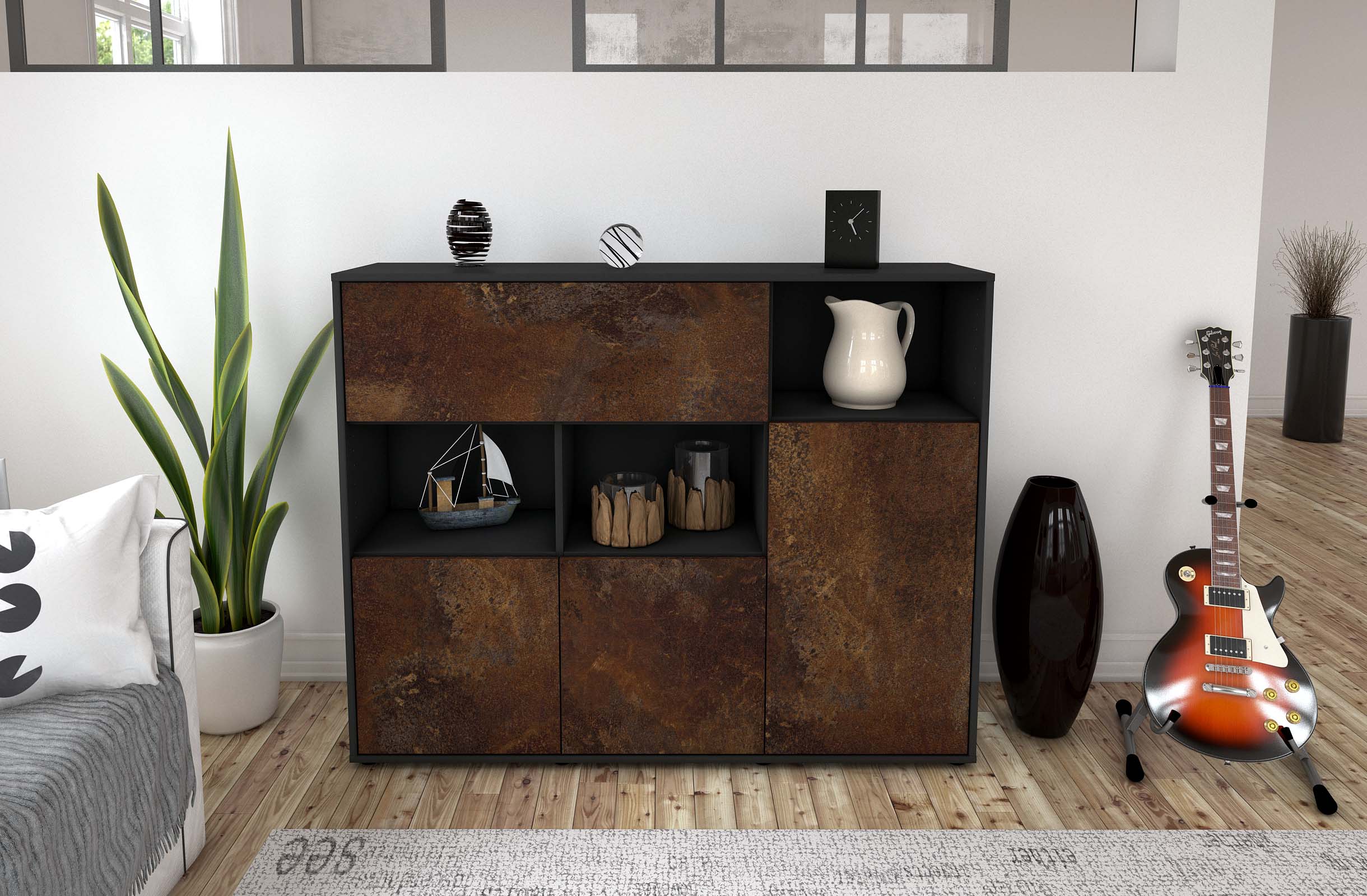 Highboard - Valenzia - Design Industrie Stil - Freistehend mit Push to Open 136 cm Anthrazit