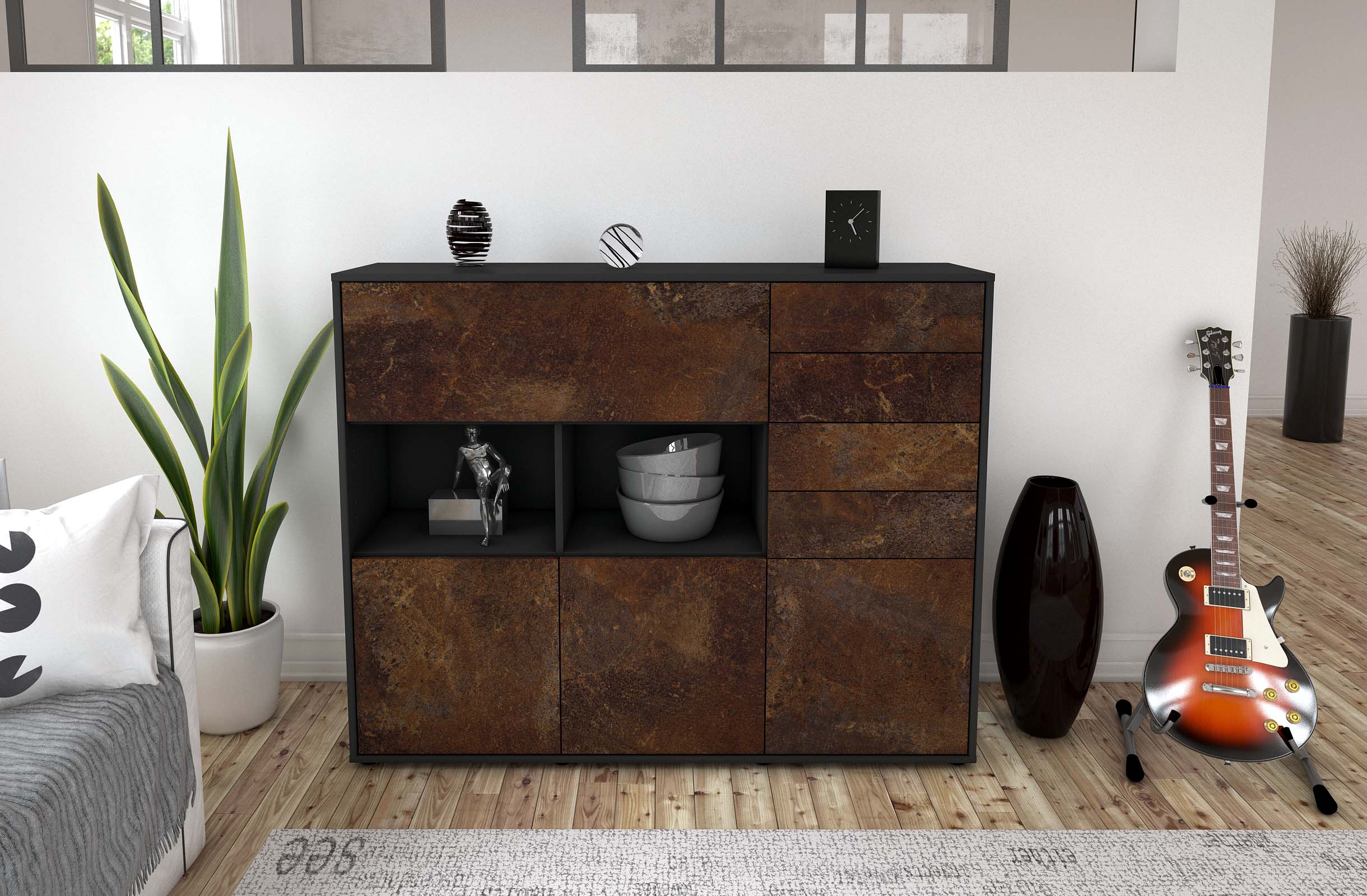 Highboard - Vanda - Design Industrie Stil - Freistehend mit Push to Open 136 cm Anthrazit