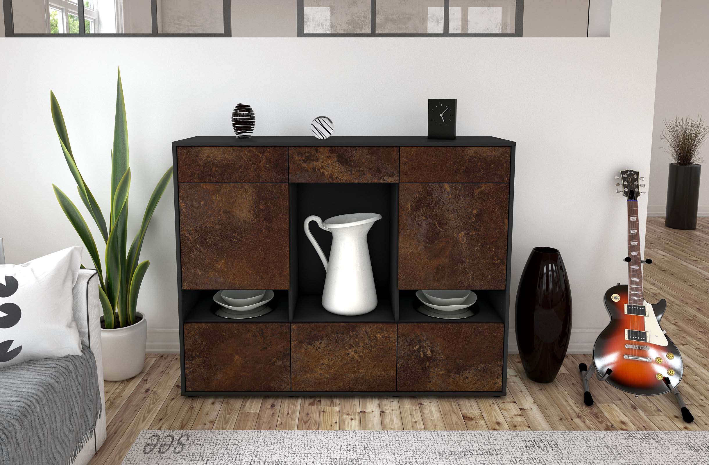 Highboard - Viola - Design Industrie Stil - Freistehend mit Push to Open 136 cm Anthrazit