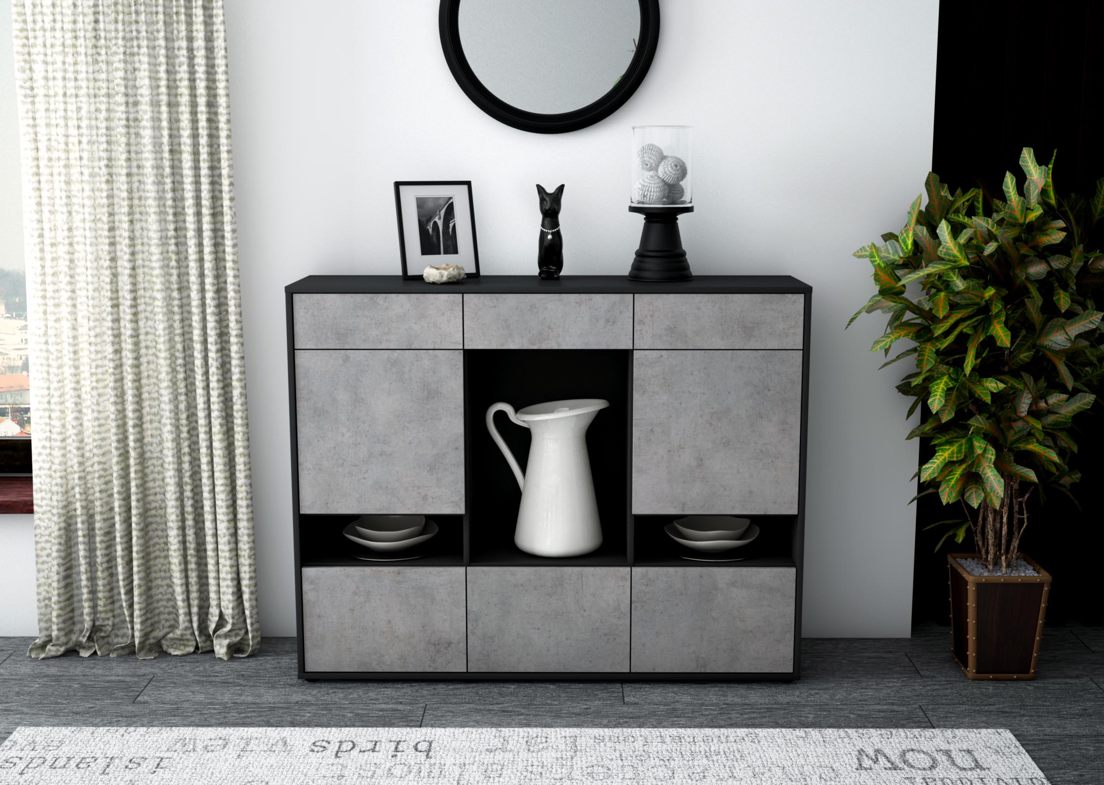 Highboard - Viola - Design Industrie Stil - Freistehend mit Push to Open 136 cm Anthrazit