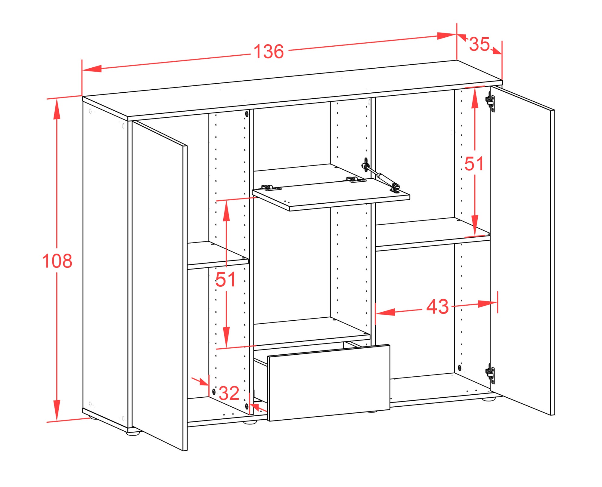 Highboard - Manuela - Design Farbakzent - Freistehend mit Push to Open 136 cm Anthrazit