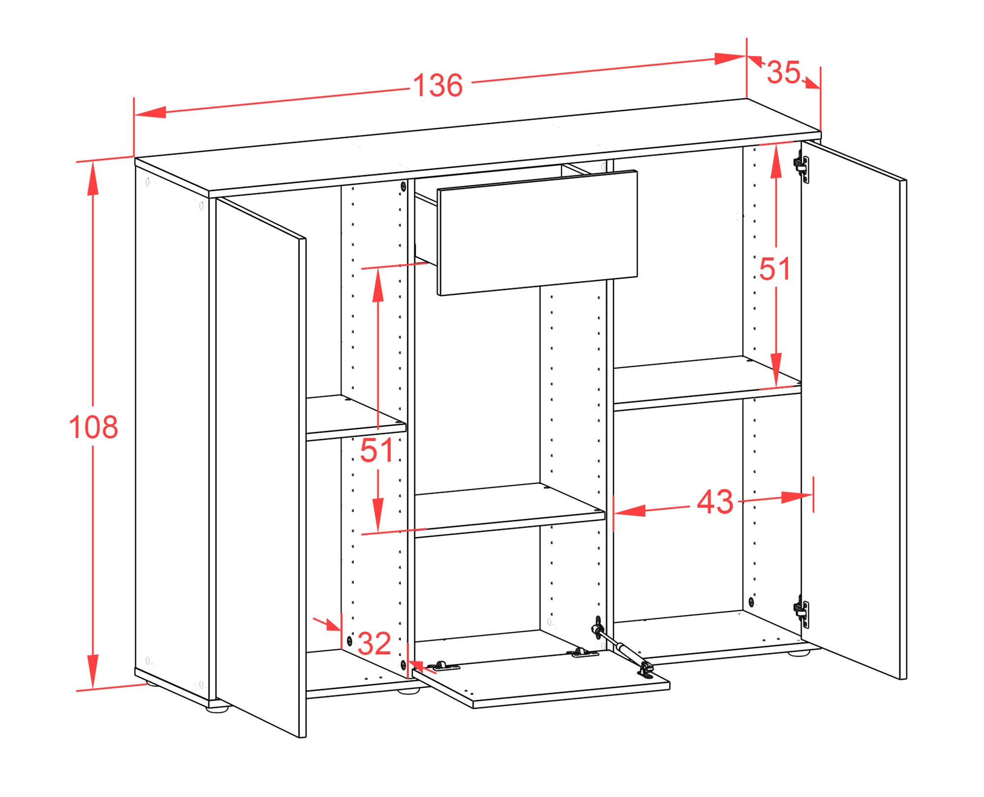 Highboard - Mara - Design Farbakzent - Freistehend mit Push to Open 136 cm Weiss