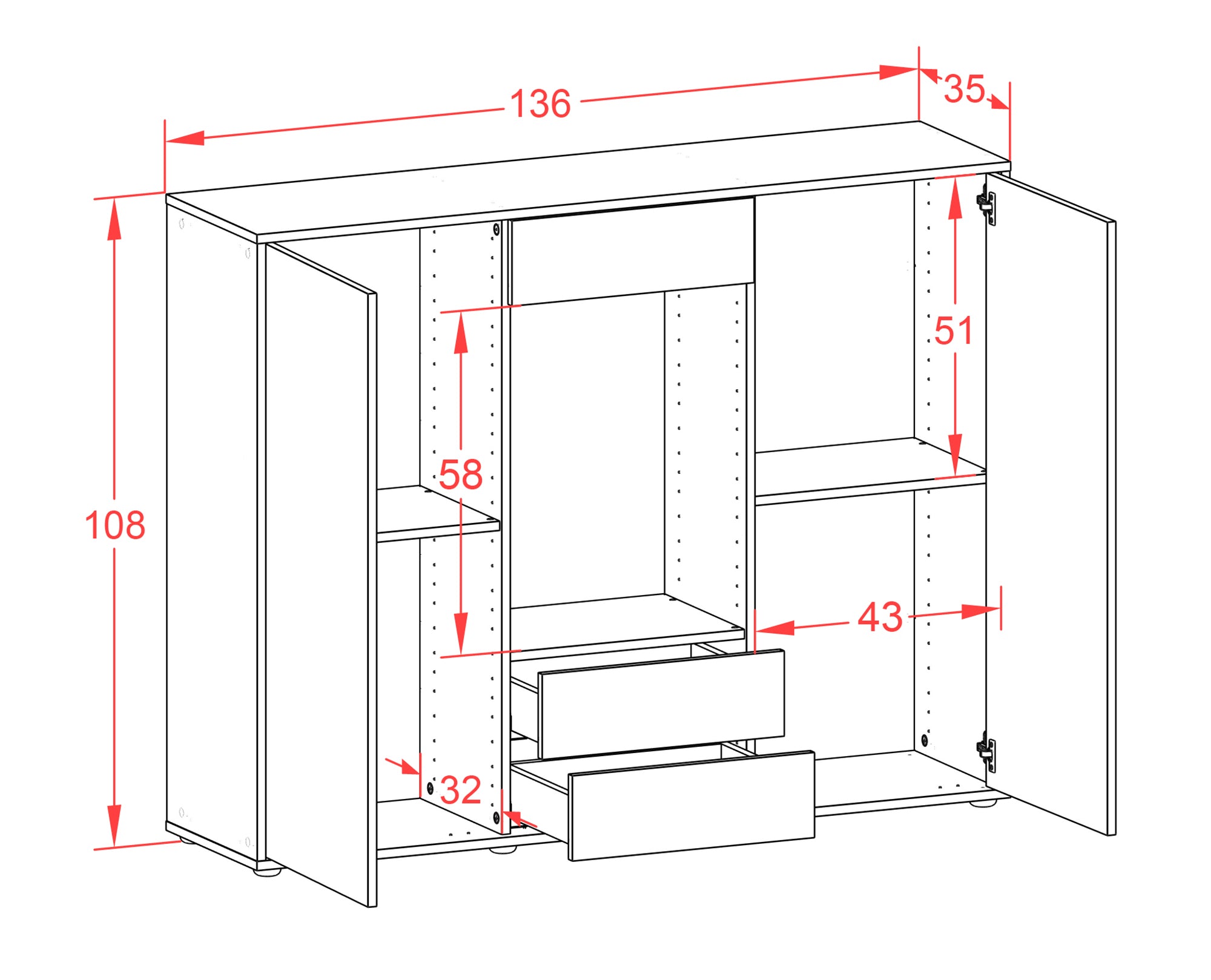Highboard - Marilena - Design Farbakzent - Freistehend mit Push to Open 136 cm Anthrazit
