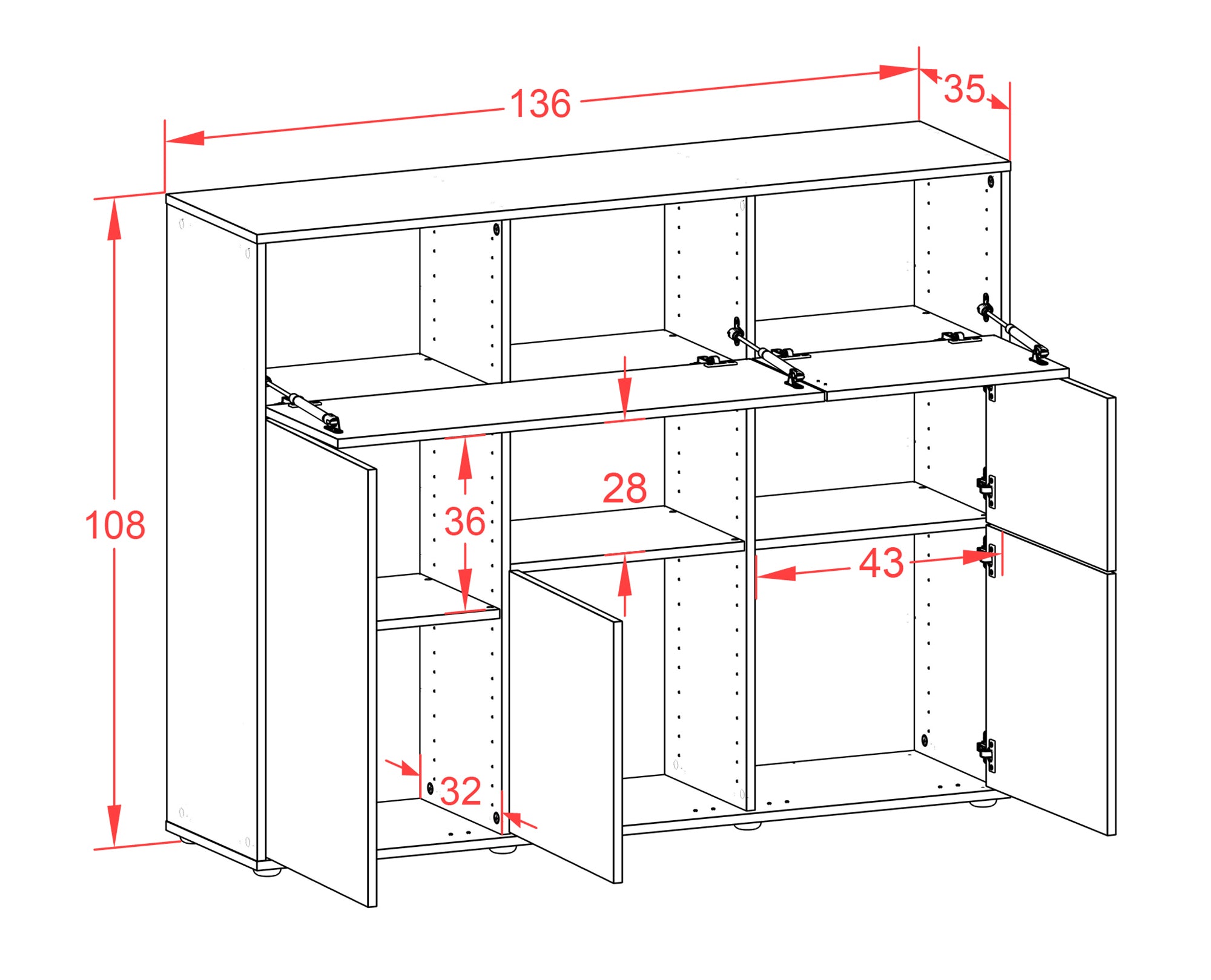 Highboard - Verena - Design Industrie Stil - Freistehend mit Push to Open 136 cm Anthrazit