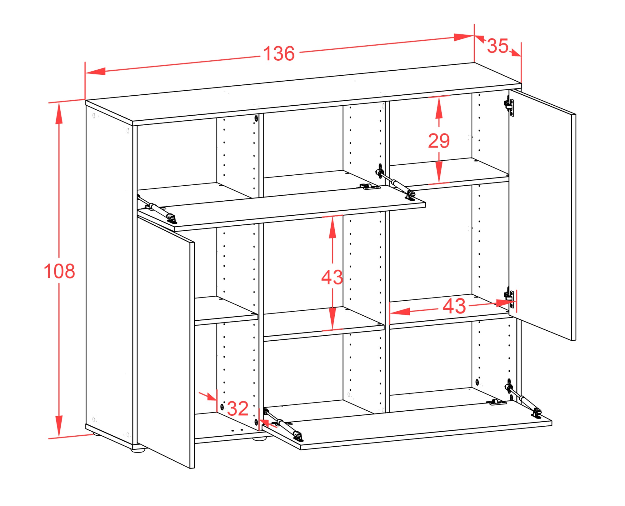 Highboard - Veronica - Design Industrie Stil - Freistehend mit Push to Open 136 cm Anthrazit