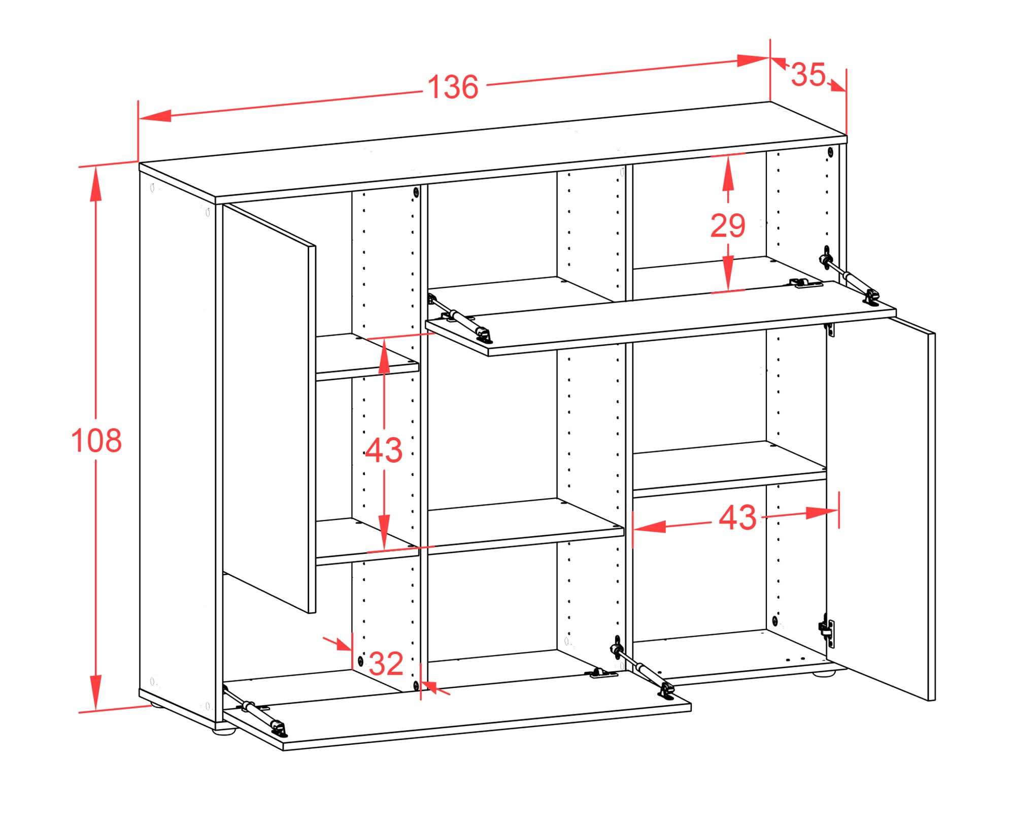 Highboard - Vicky - Design Holzdekor - Freistehend mit Push to Open 136 cm Weiss