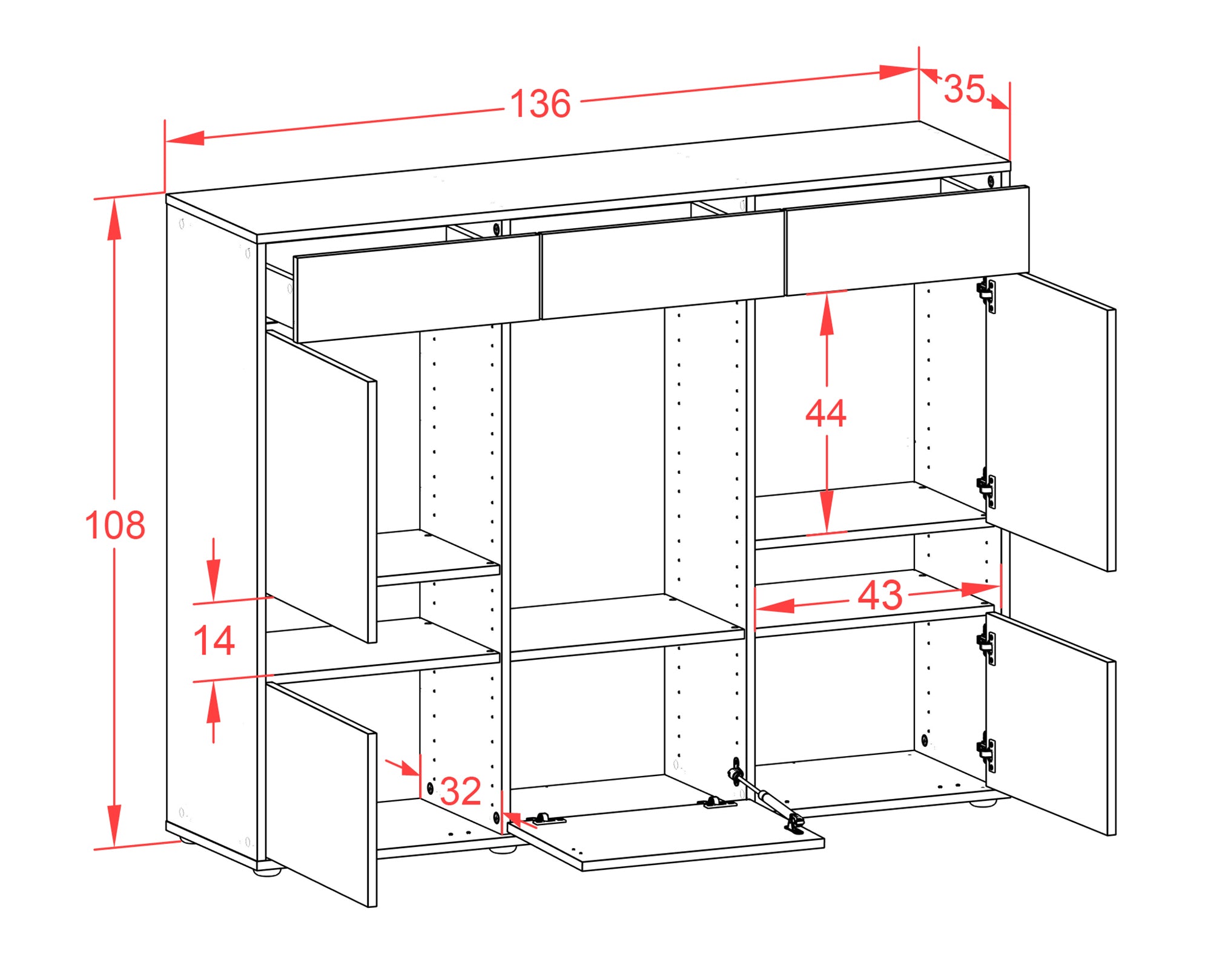 Highboard - Viola - Design Industrie Stil - Freistehend mit Push to Open 136 cm Anthrazit