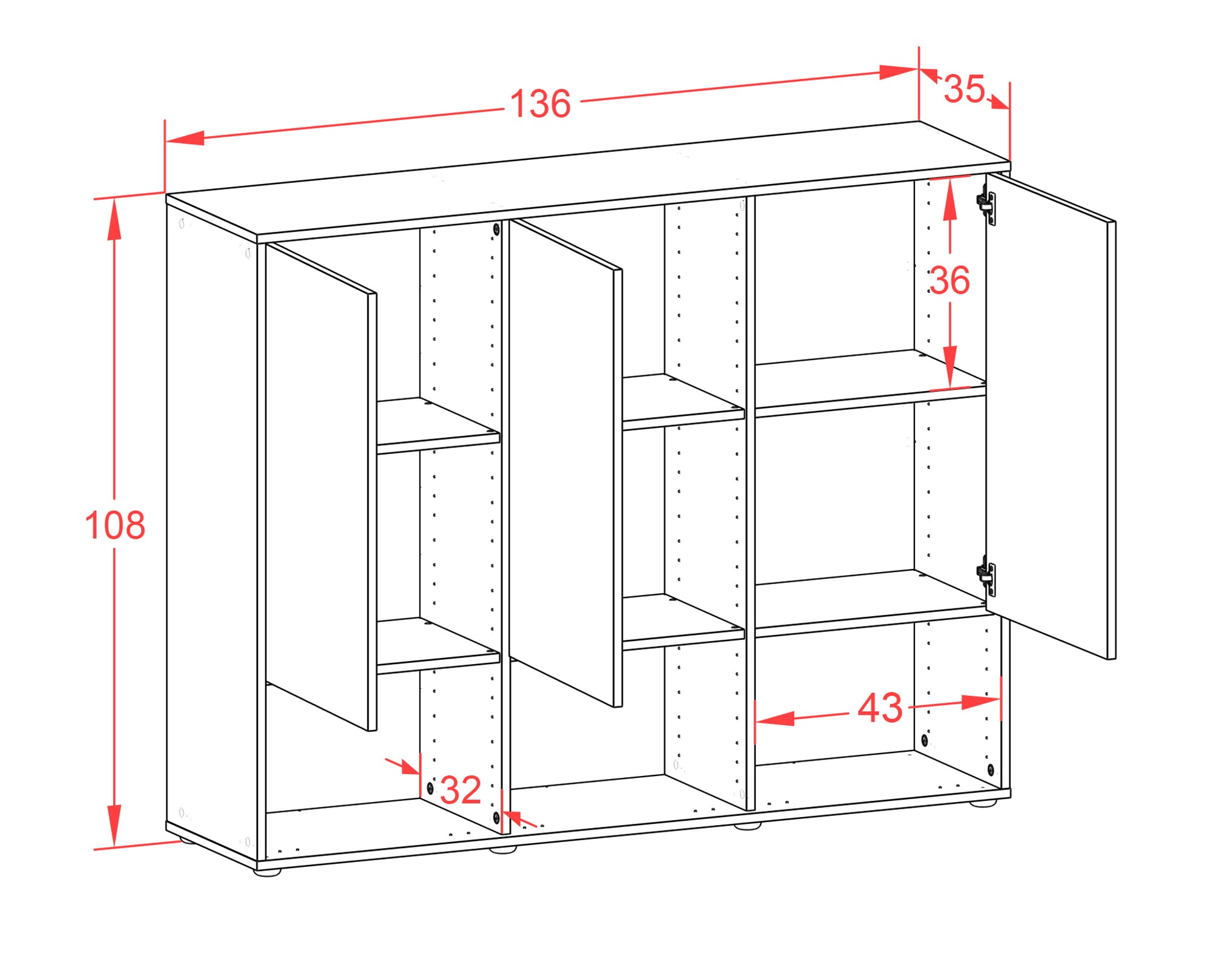 Highboard - Mea - Design Farbakzent - Freistehend mit Push to Open 136 cm Weiss