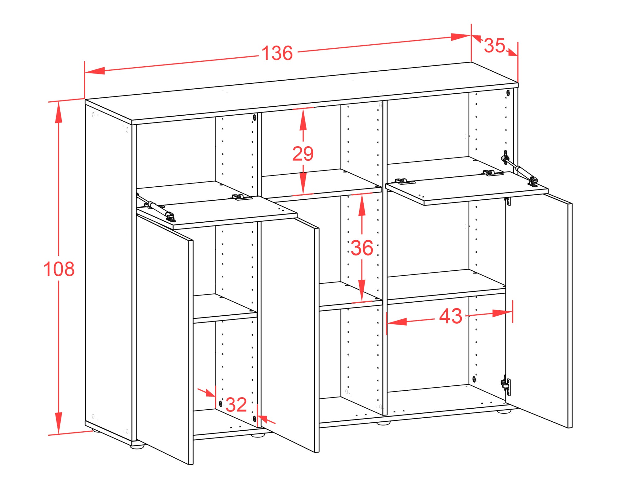 Highboard - Melanie - Design Farbakzent - Freistehend mit Push to Open 136 cm Weiss