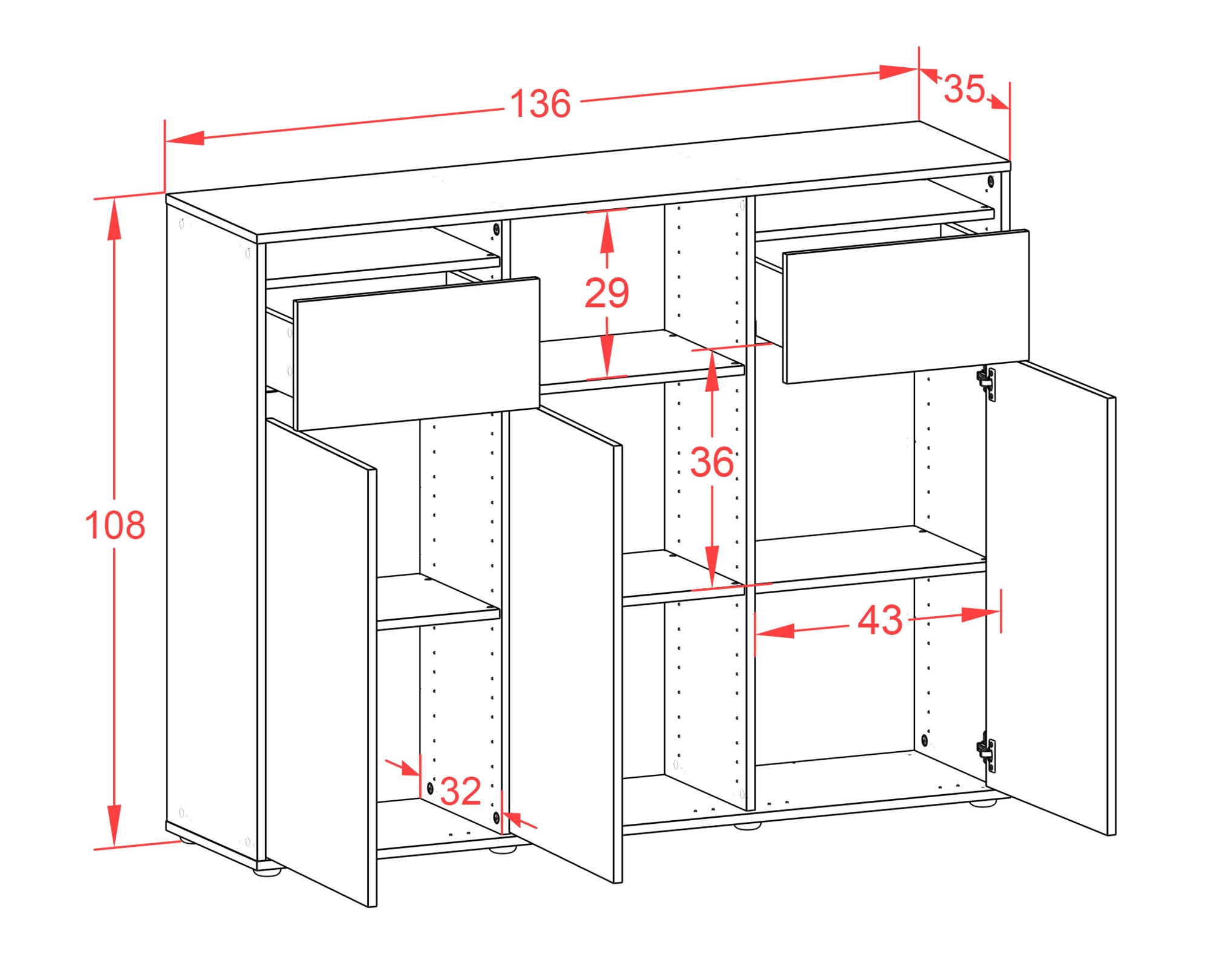 Highboard - Melena - Design Farbakzent - Freistehend mit Push to Open 136 cm Anthrazit