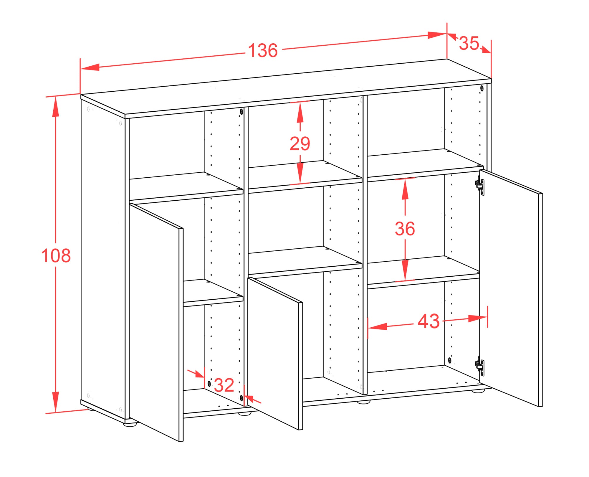 Highboard - Mia - Design Holzdekor - Freistehend mit Push to Open 136 cm Anthrazit