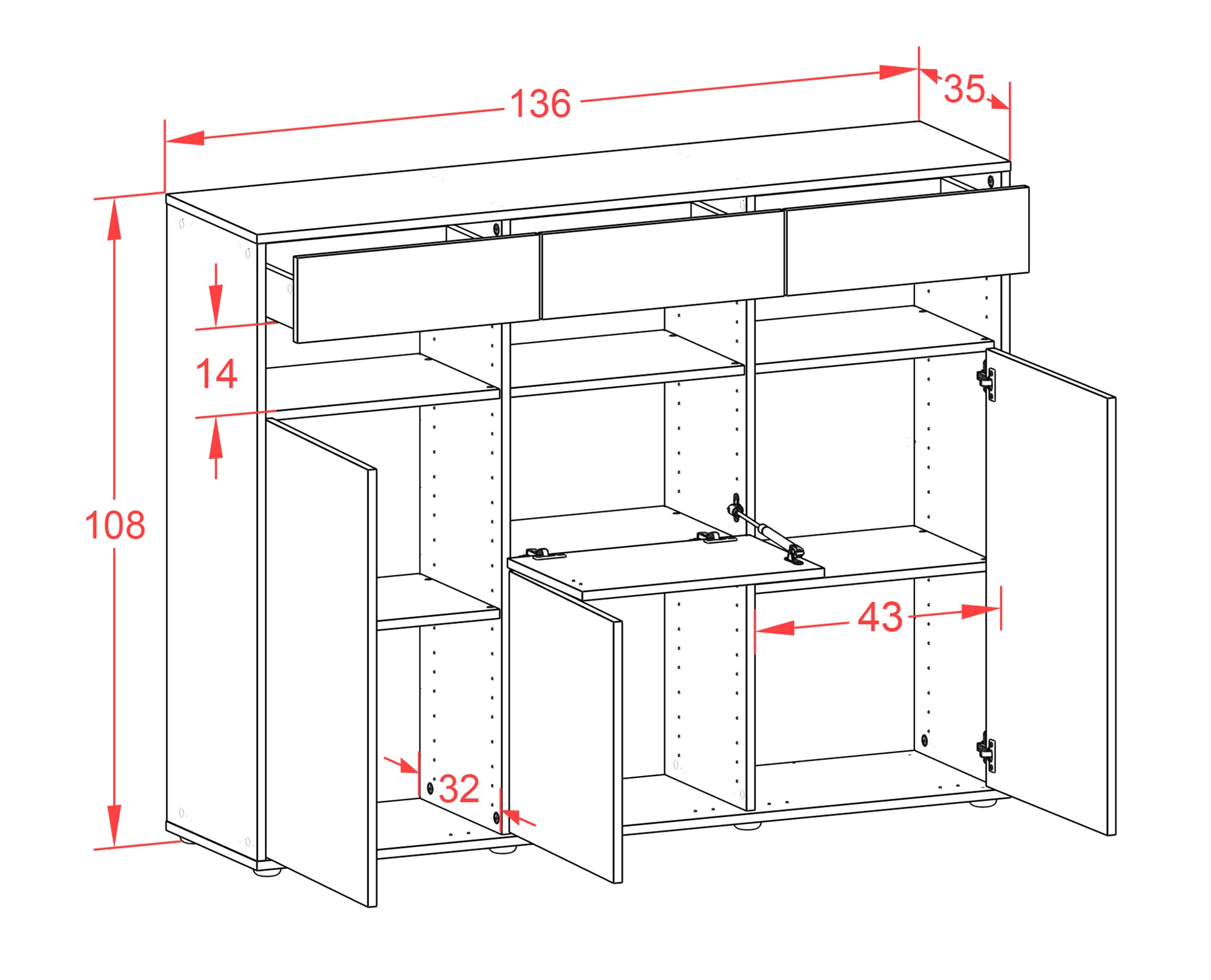 Highboard - Michaela - Design Hochglanz - Freistehend mit Push to Open 136 cm Anthrazit
