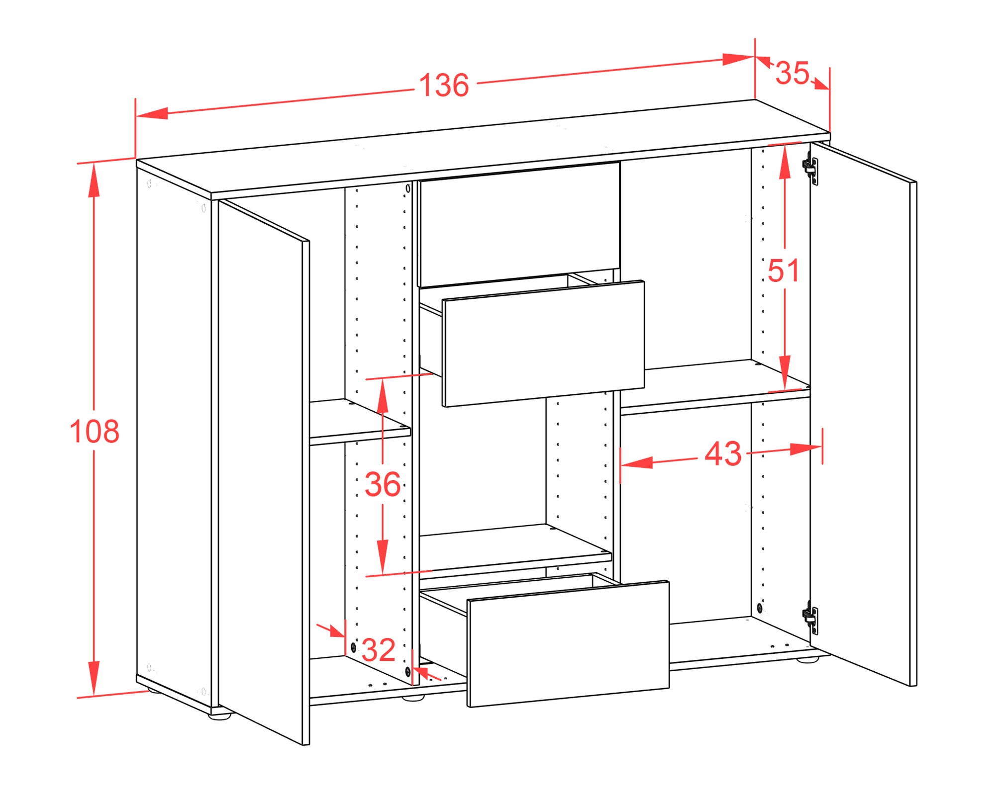 Highboard - Nora - Design Industrie Stil - Freistehend mit Push to Open 136 cm Anthrazit