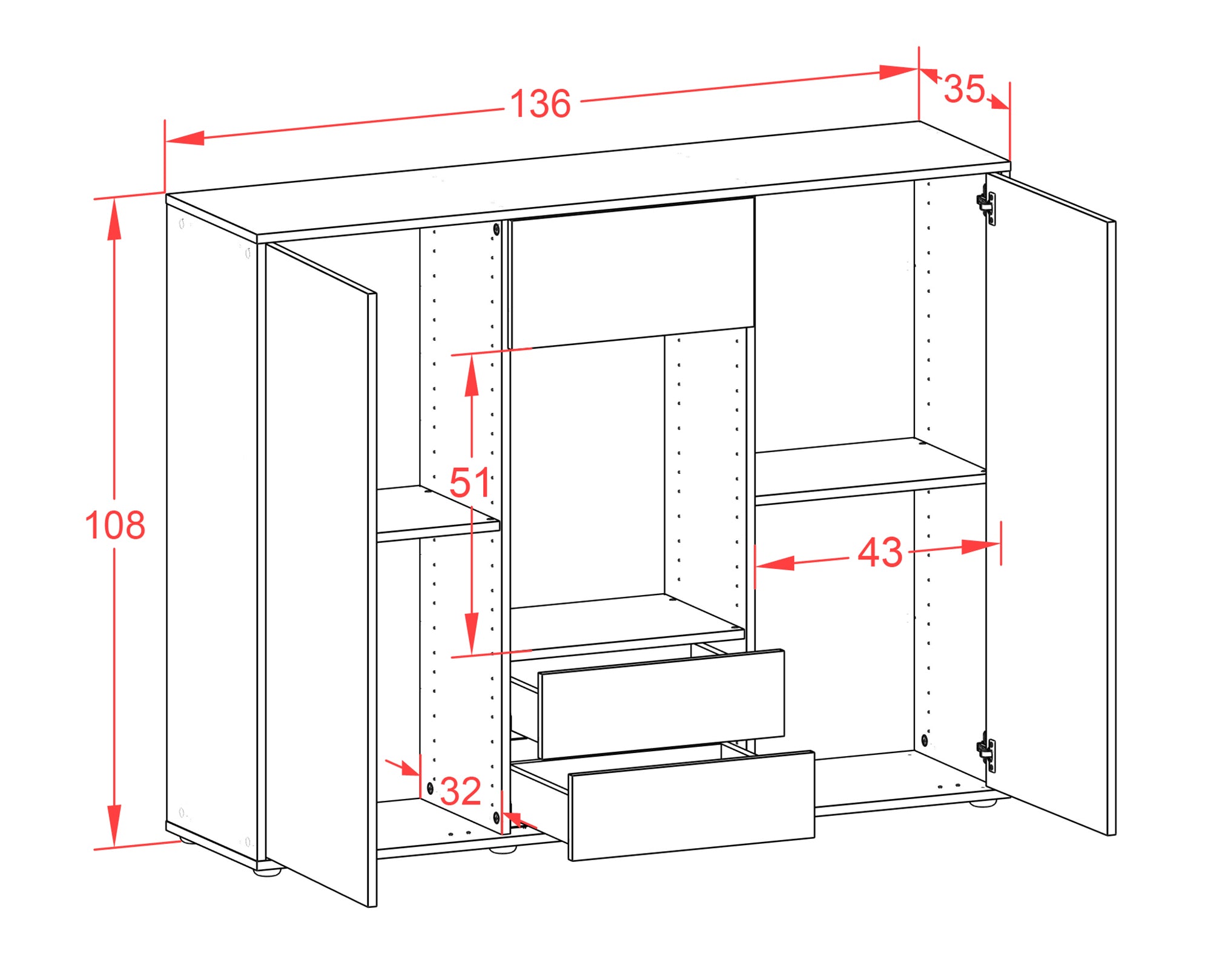 Highboard - Norina - Design Farbakzent - Freistehend mit Push to Open 136 cm Weiss