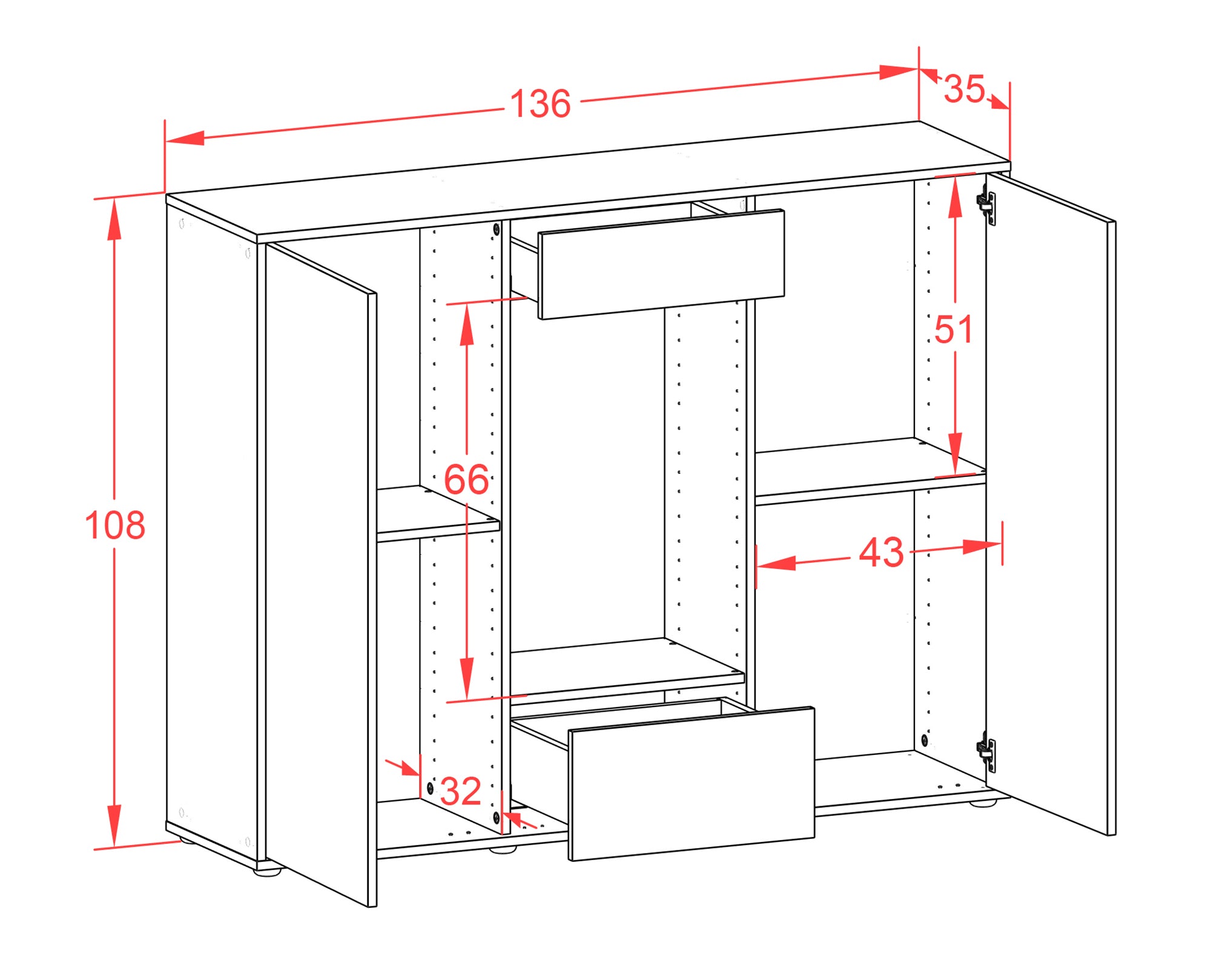 Highboard - Nova - Design Industrie Stil - Freistehend mit Push to Open 136 cm Weiss