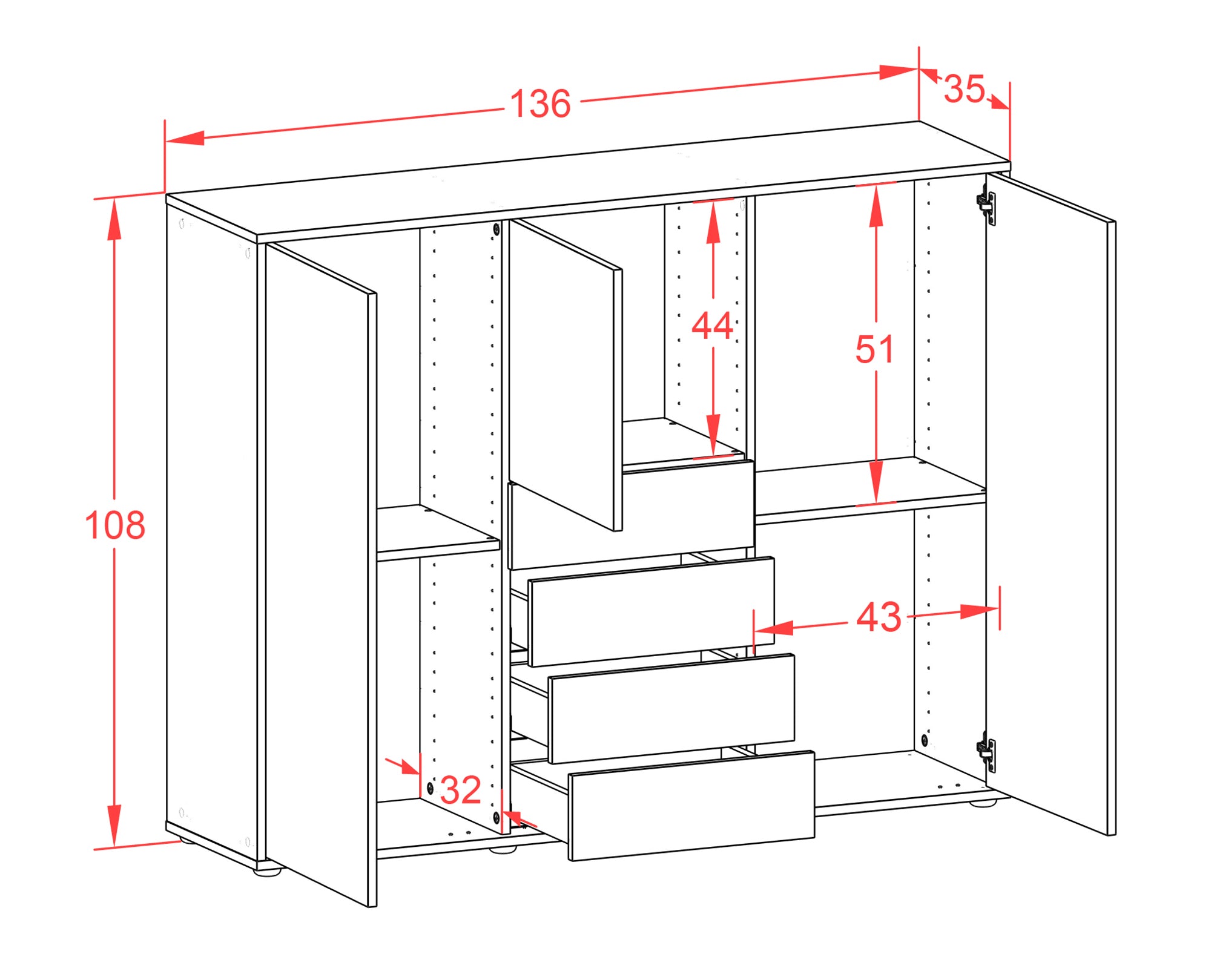 Highboard - Pasquale - Design Hochglanz - Freistehend mit Push to Open 136 cm Weiss