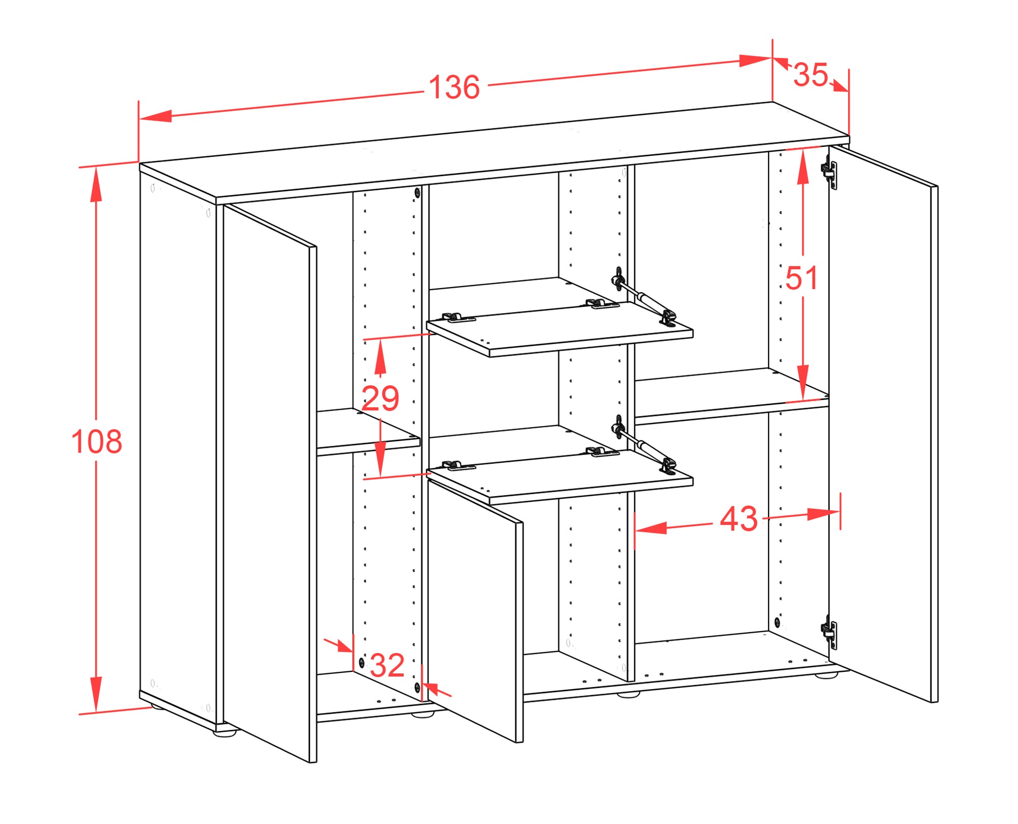 Highboard - Polina - Design Hochglanz - Freistehend mit Push to Open 136 cm Weiss