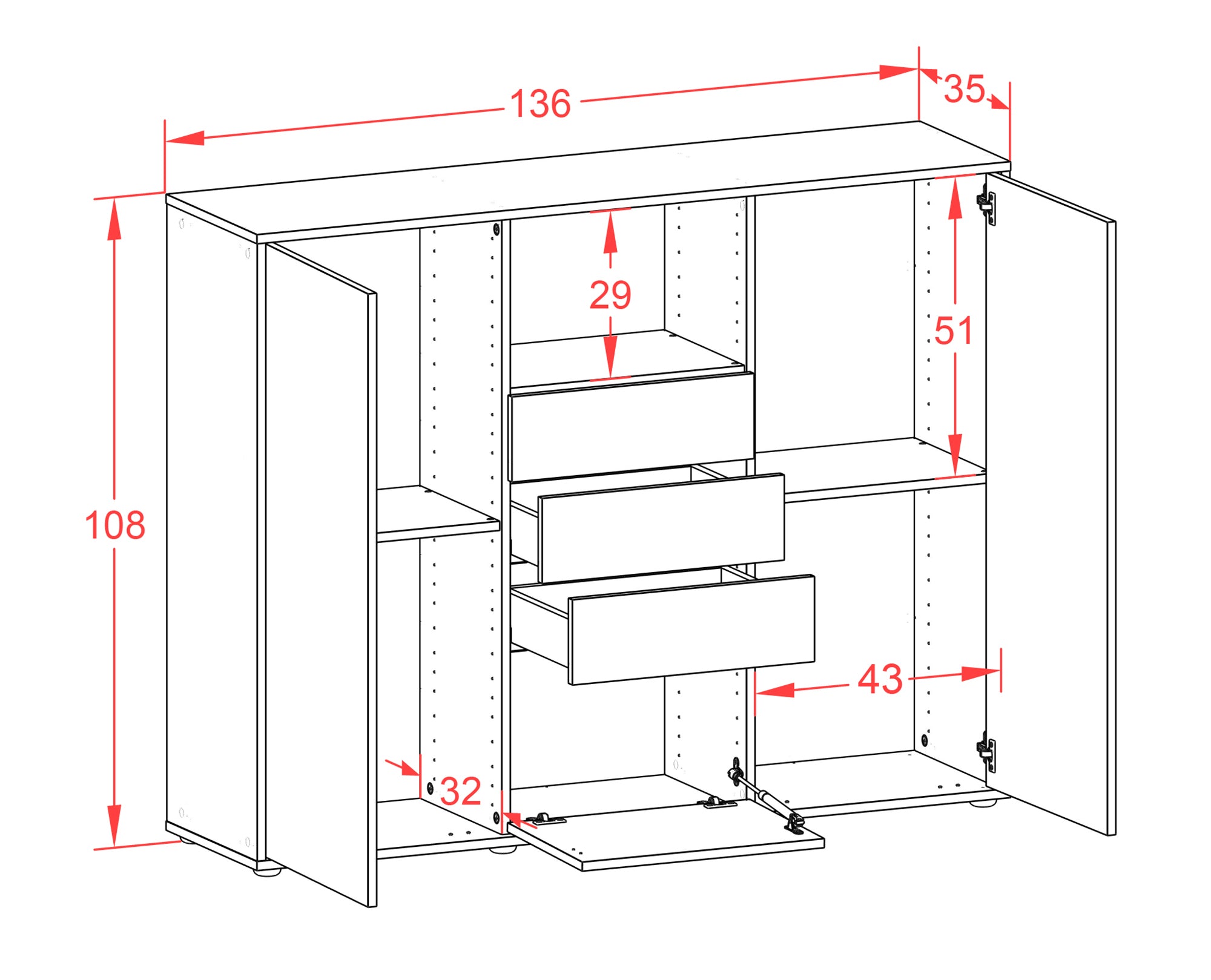 Highboard - Rebecca - Design Industrie Stil - Freistehend mit Push to Open 136 cm Anthrazit