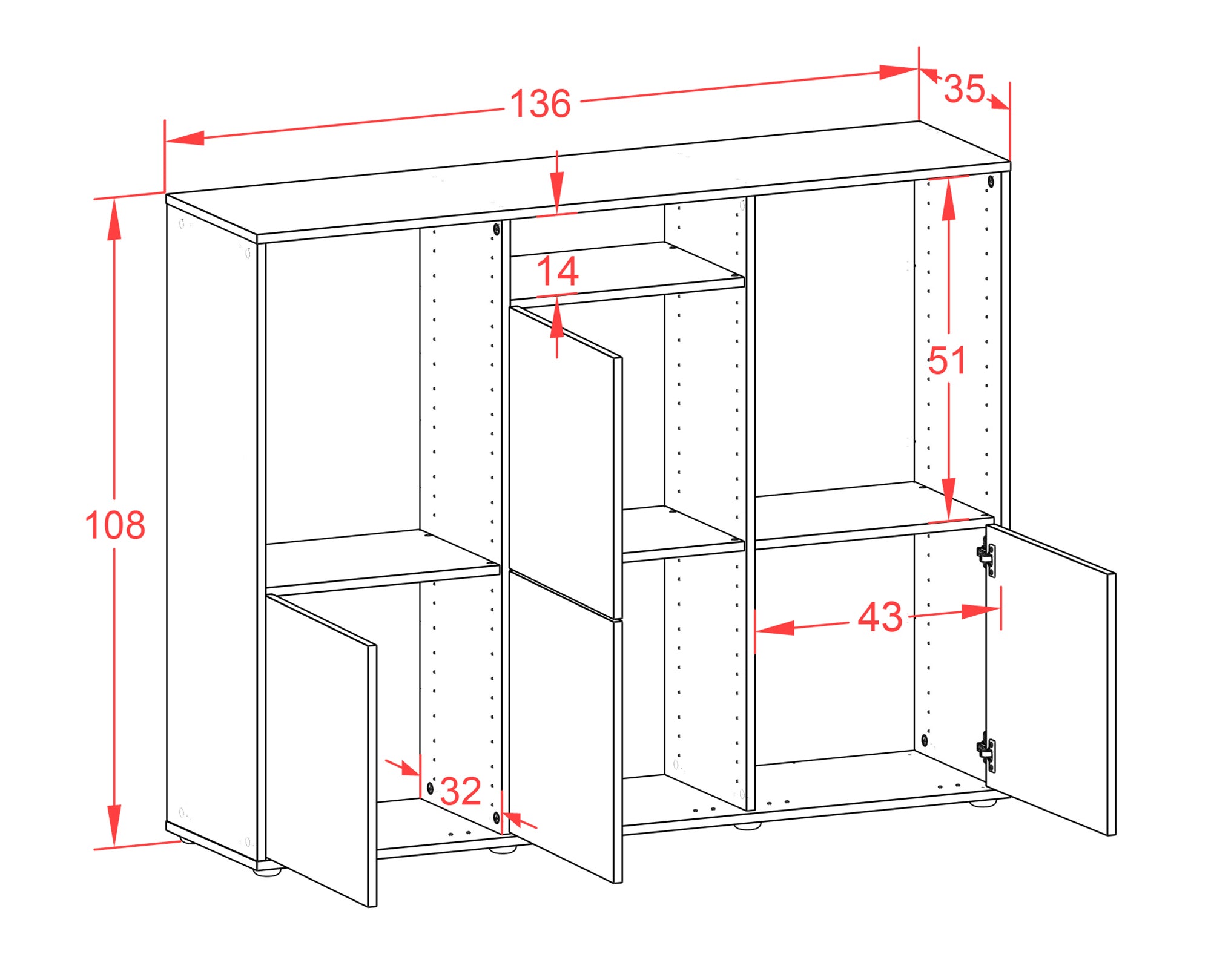 Highboard - Saskia - Design Hochglanz - Freistehend mit Push to Open 136 cm Weiss