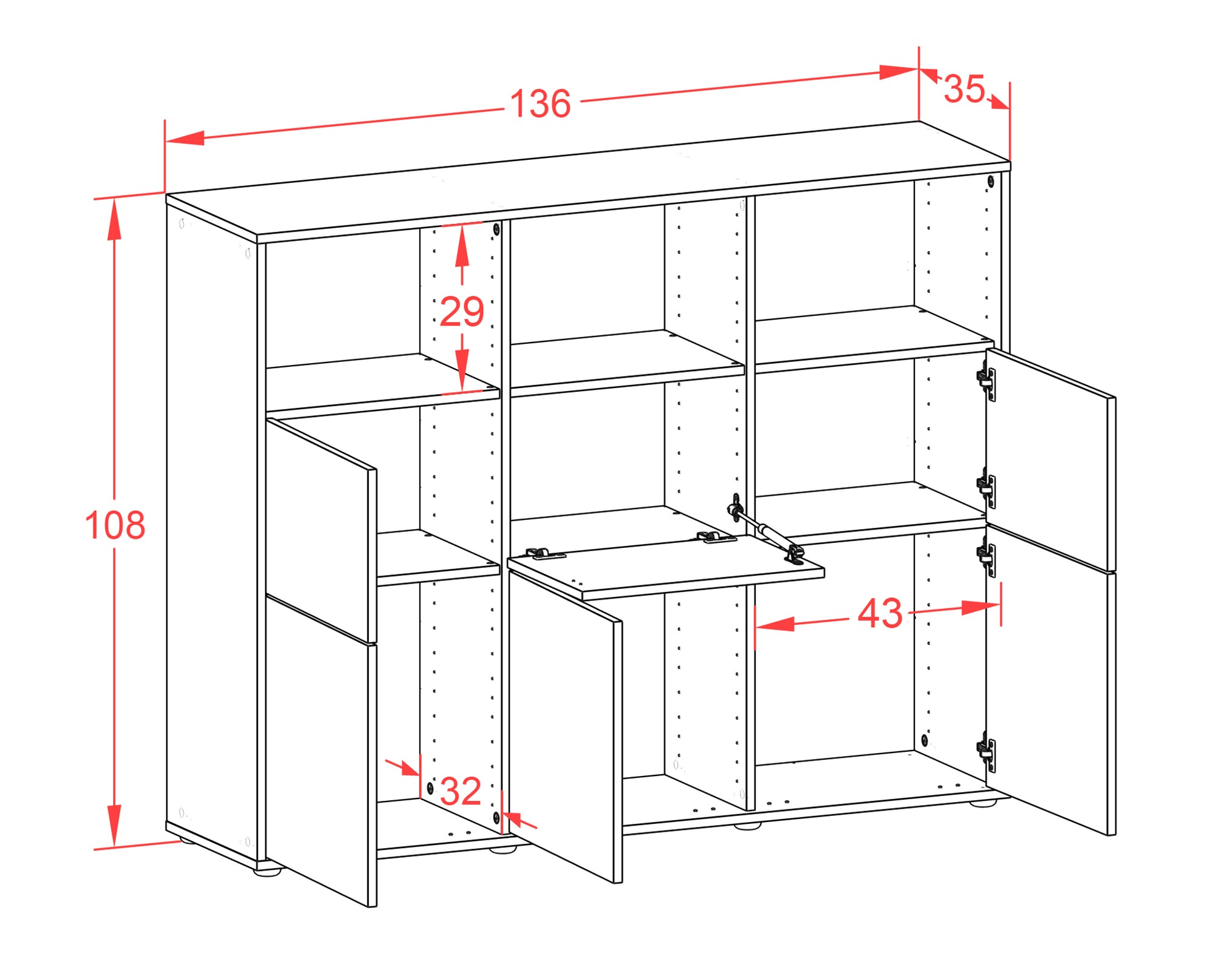 Highboard - Sina - Design Industrie Stil - Freistehend mit Push to Open 136 cm Anthrazit