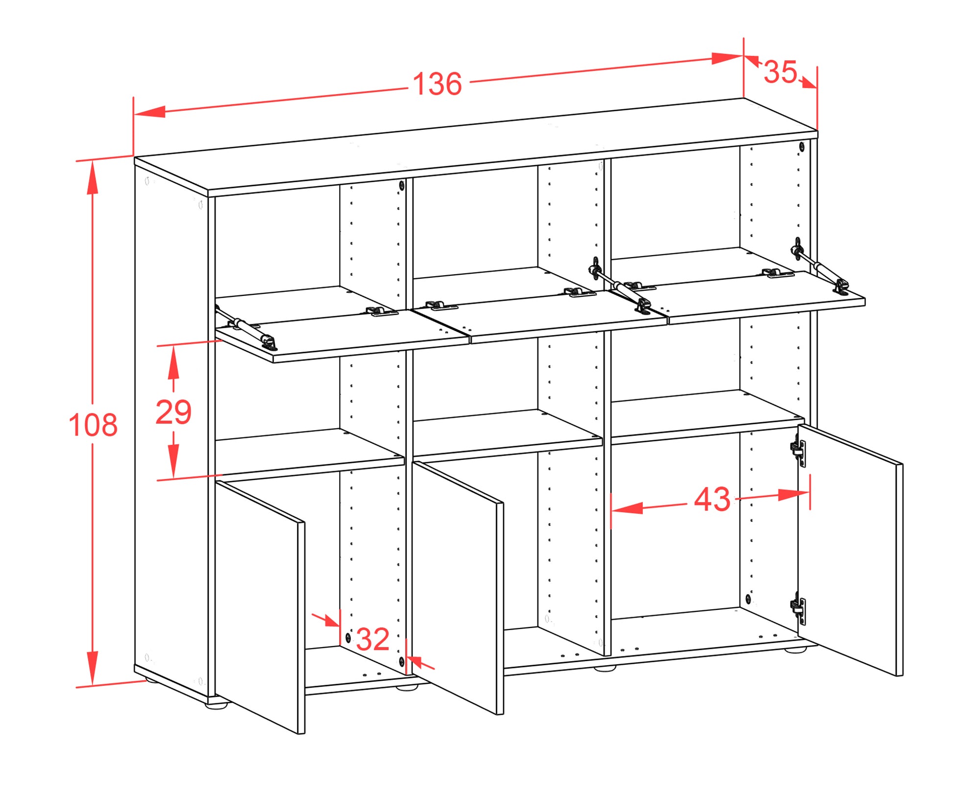 Highboard - Sira - Design Holzdekor - Freistehend mit Push to Open 136 cm Weiss