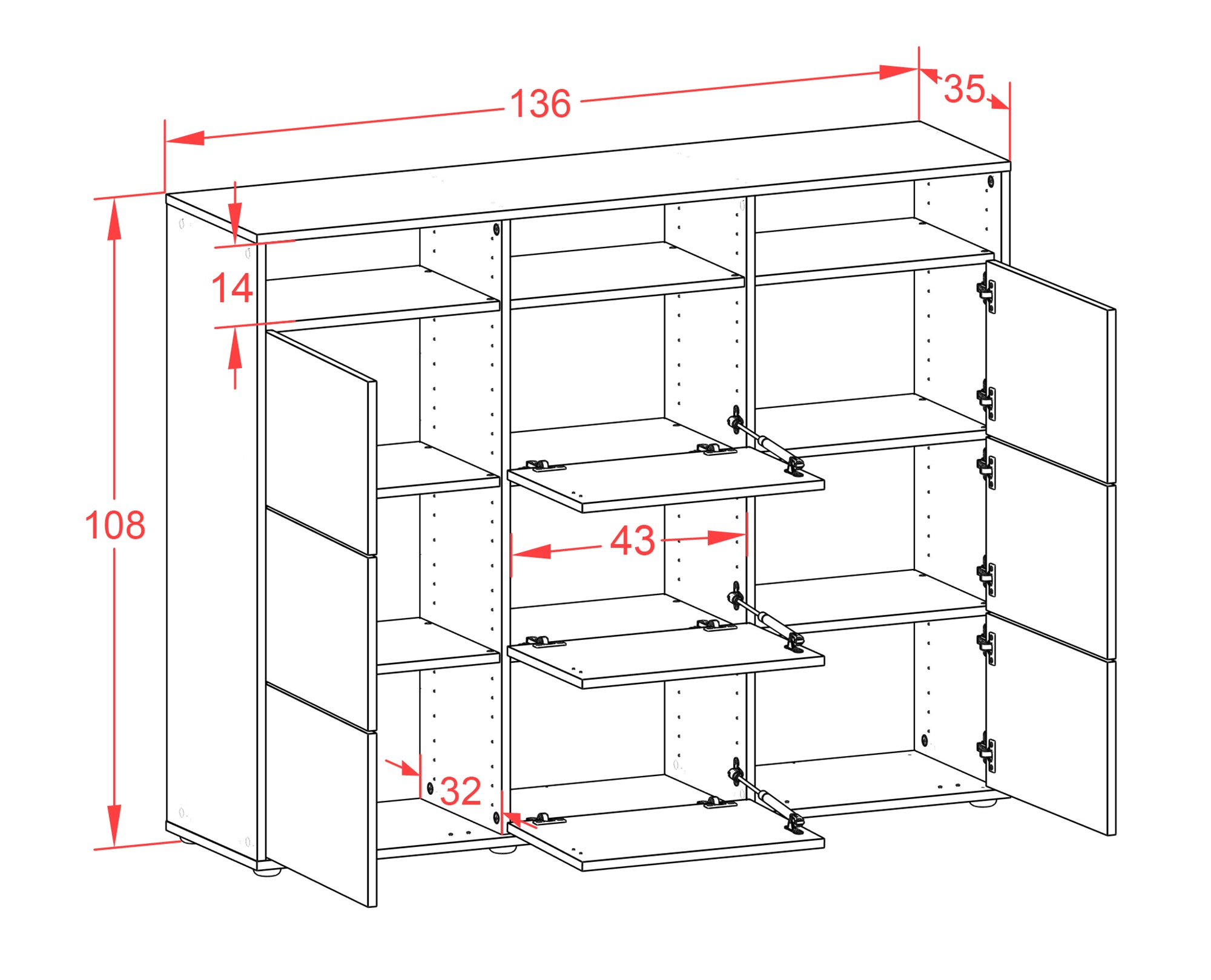 Highboard - Sofia - Design Farbakzent - Freistehend mit Push to Open 136 cm Weiss