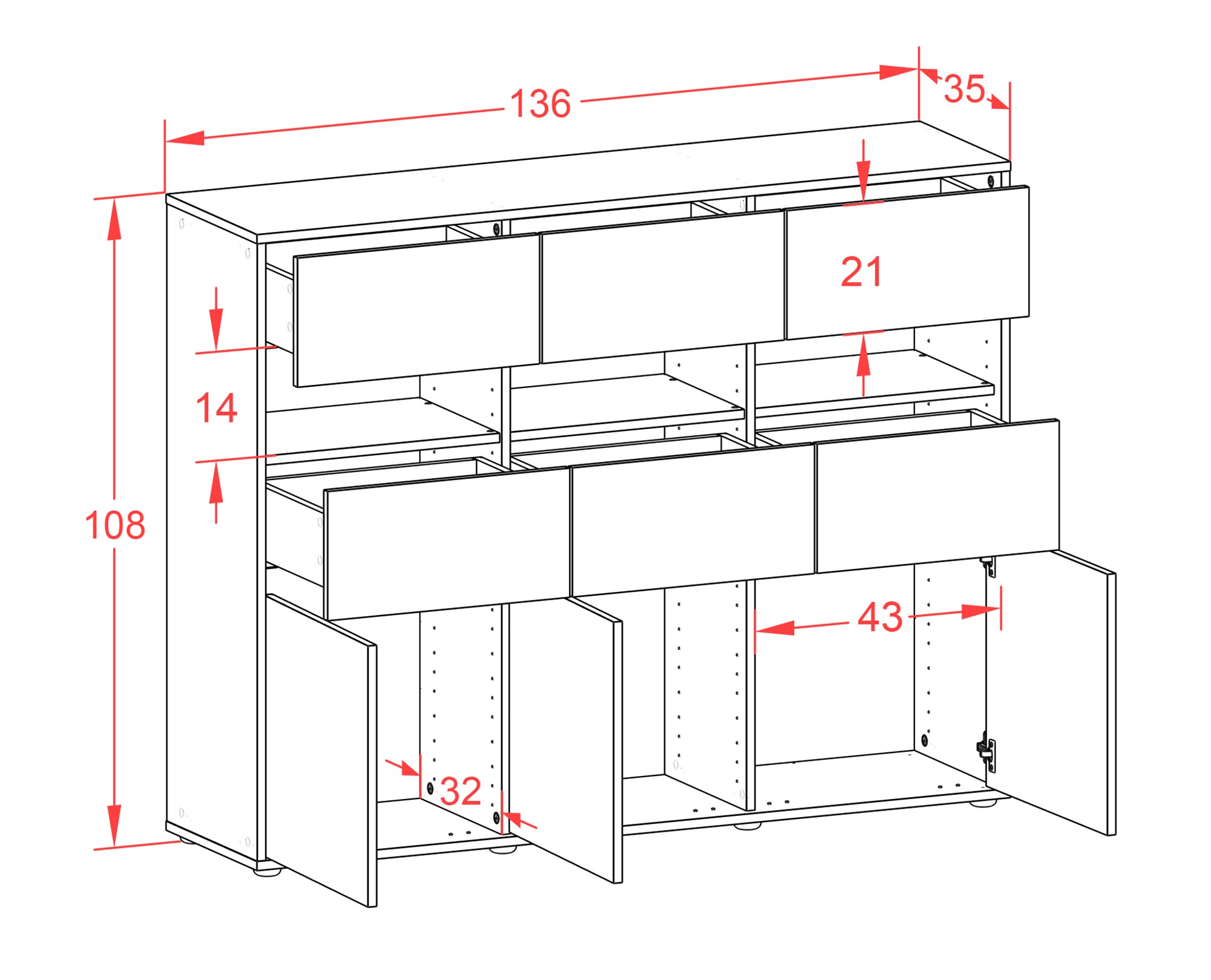 Highboard - Teresa - Design Industrie Stil - Freistehend mit Push to Open 136 cm Anthrazit