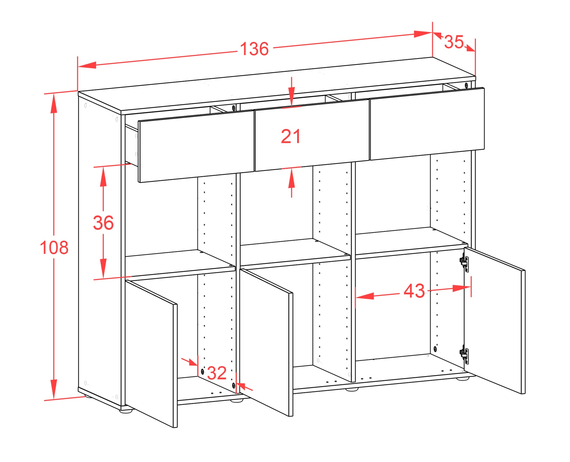 Highboard - Tessa - Design Industrie Stil - Freistehend mit Push to Open 136 cm Anthrazit