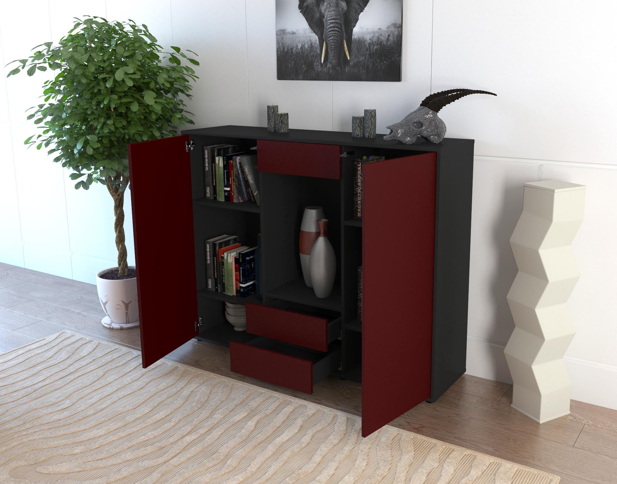 Highboard - Marilena - Design Farbakzent - Freistehend mit Push to Open 136 cm Anthrazit