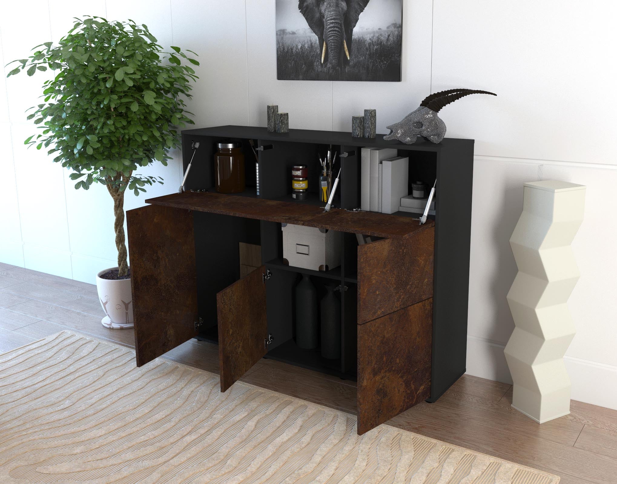 Highboard - Verena - Design Industrie Stil - Freistehend mit Push to Open 136 cm Anthrazit