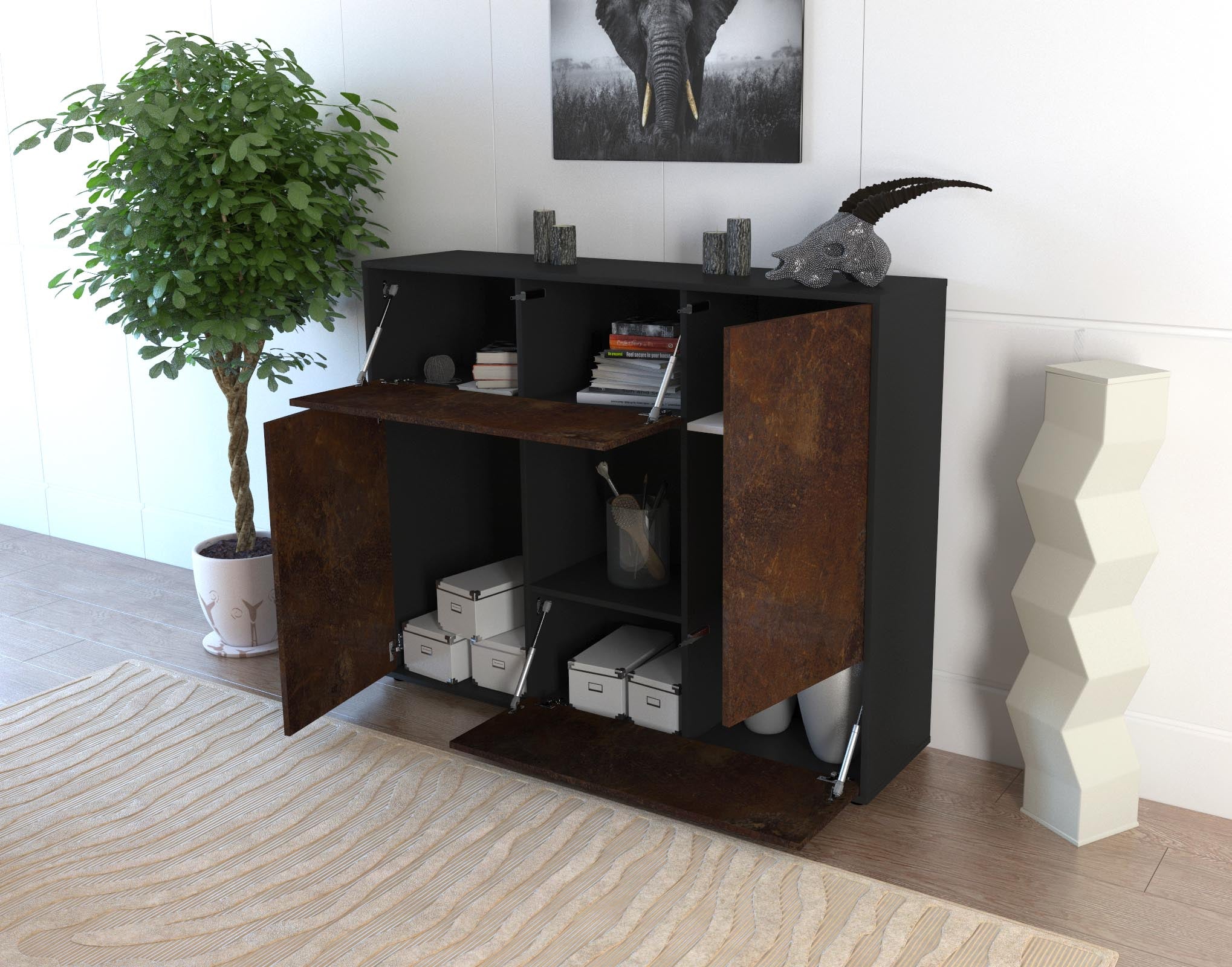 Highboard - Veronica - Design Industrie Stil - Freistehend mit Push to Open 136 cm Anthrazit