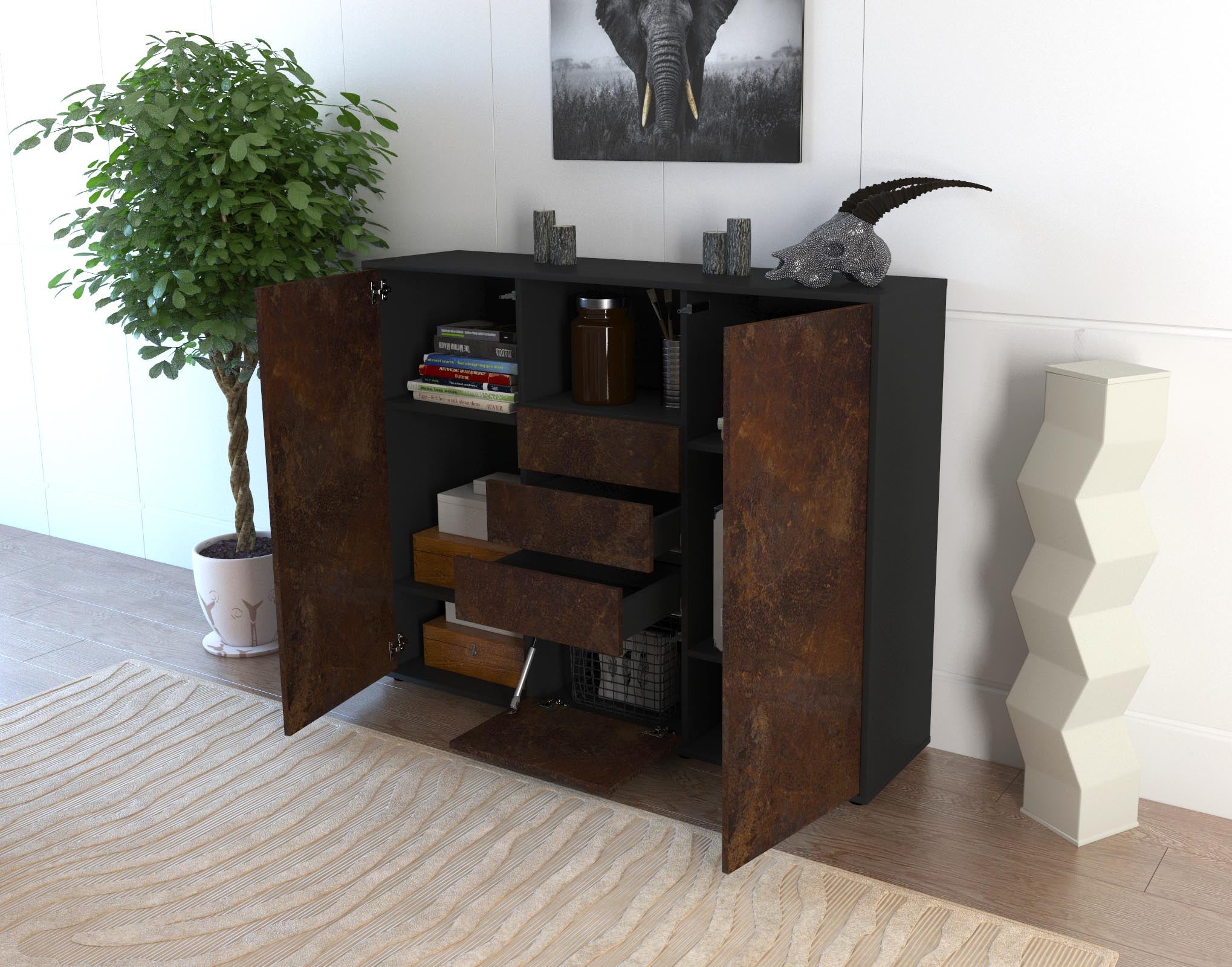 Highboard - Rebecca - Design Industrie Stil - Freistehend mit Push to Open 136 cm Anthrazit