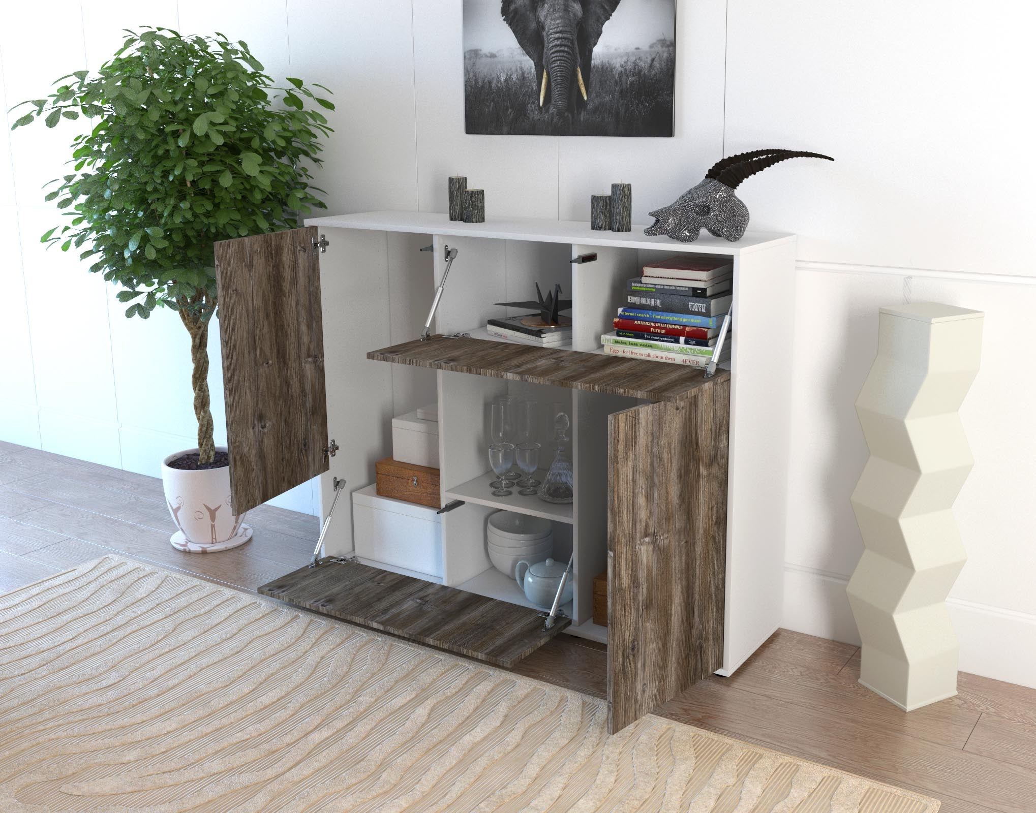 Highboard - Vicky - Design Holzdekor - Freistehend mit Push to Open 136 cm Weiss