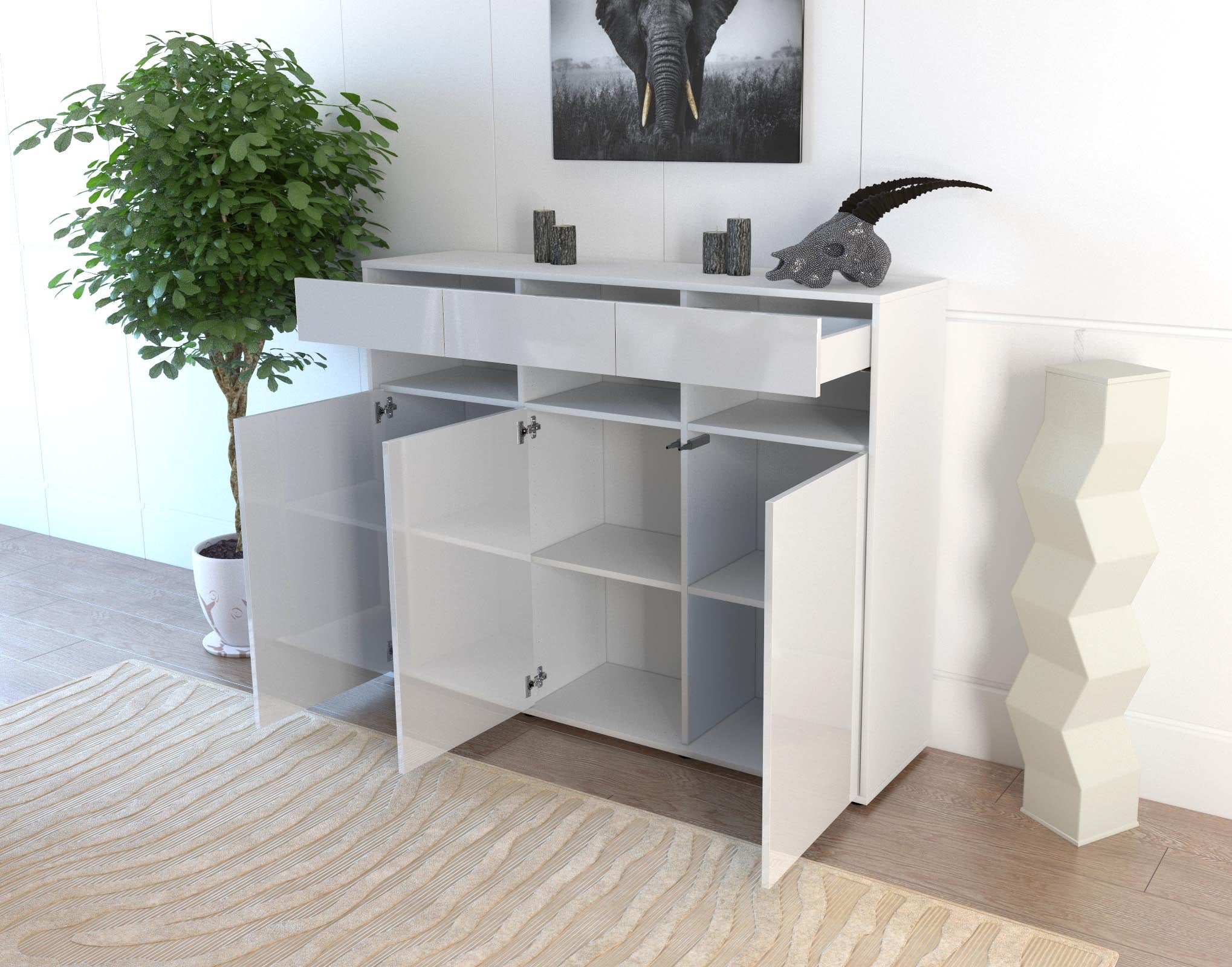 Highboard - Marlene - Design Hochglanz - Freistehend mit Push to Open 136 cm Weiss