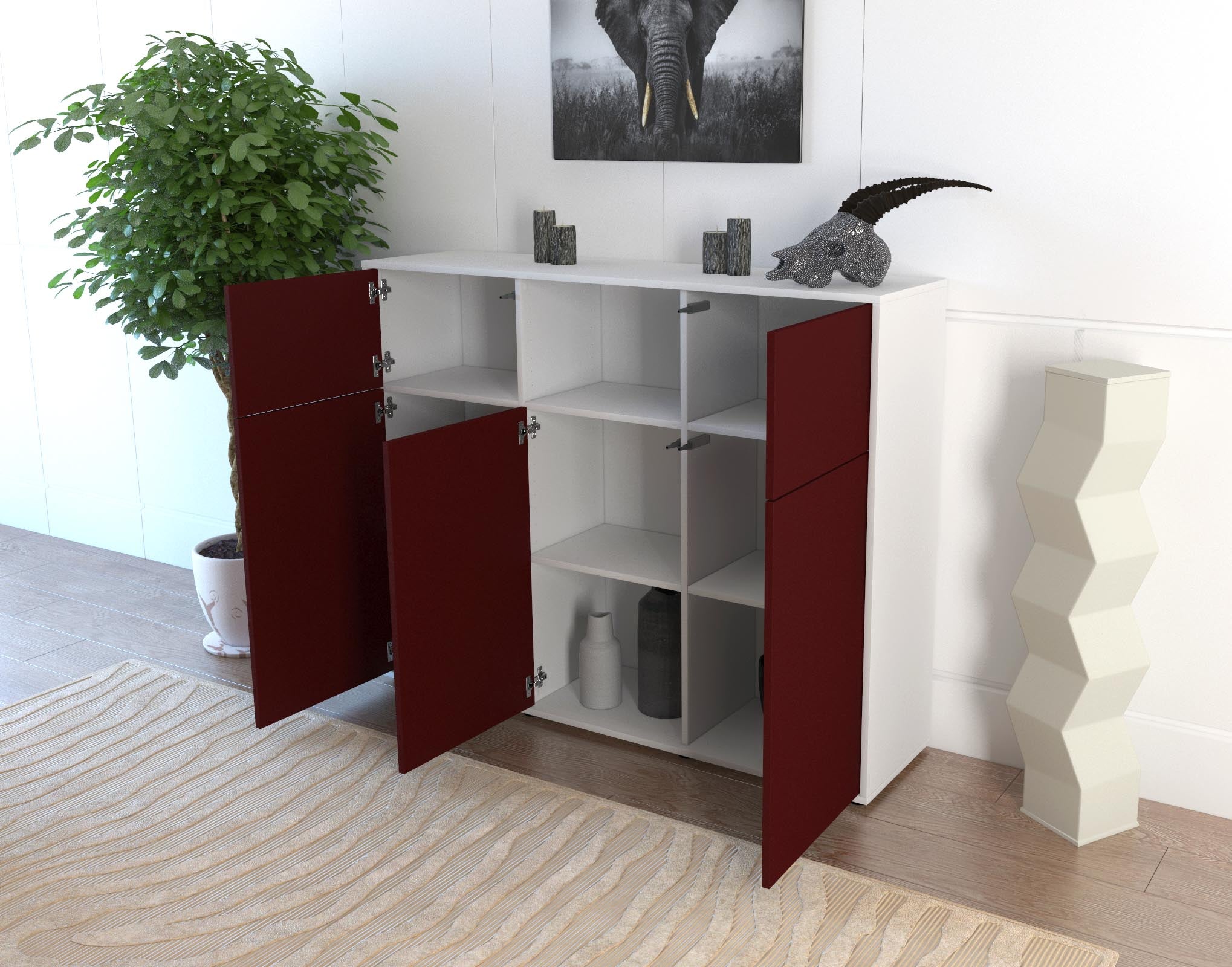 Highboard - Melanie - Design Farbakzent - Freistehend mit Push to Open 136 cm Weiss