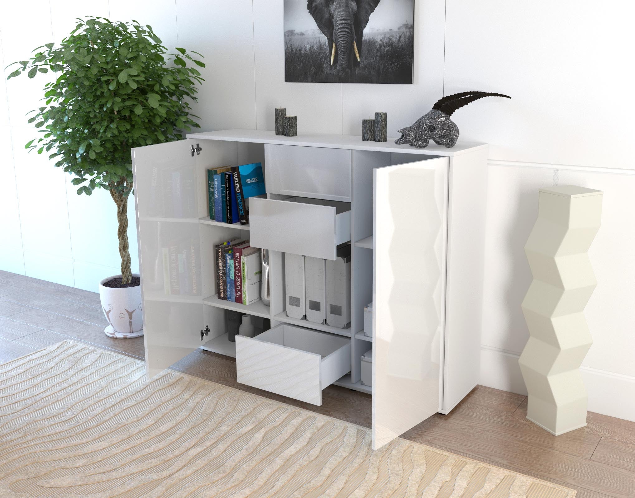 Highboard - Nora - Design Hochglanz - Freistehend mit Push to Open 136 cm Weiss