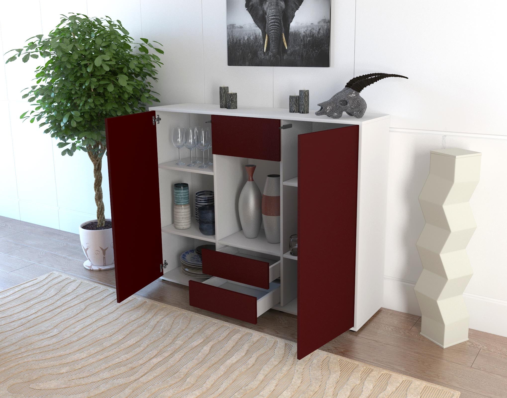 Highboard - Norina - Design Farbakzent - Freistehend mit Push to Open 136 cm Weiss