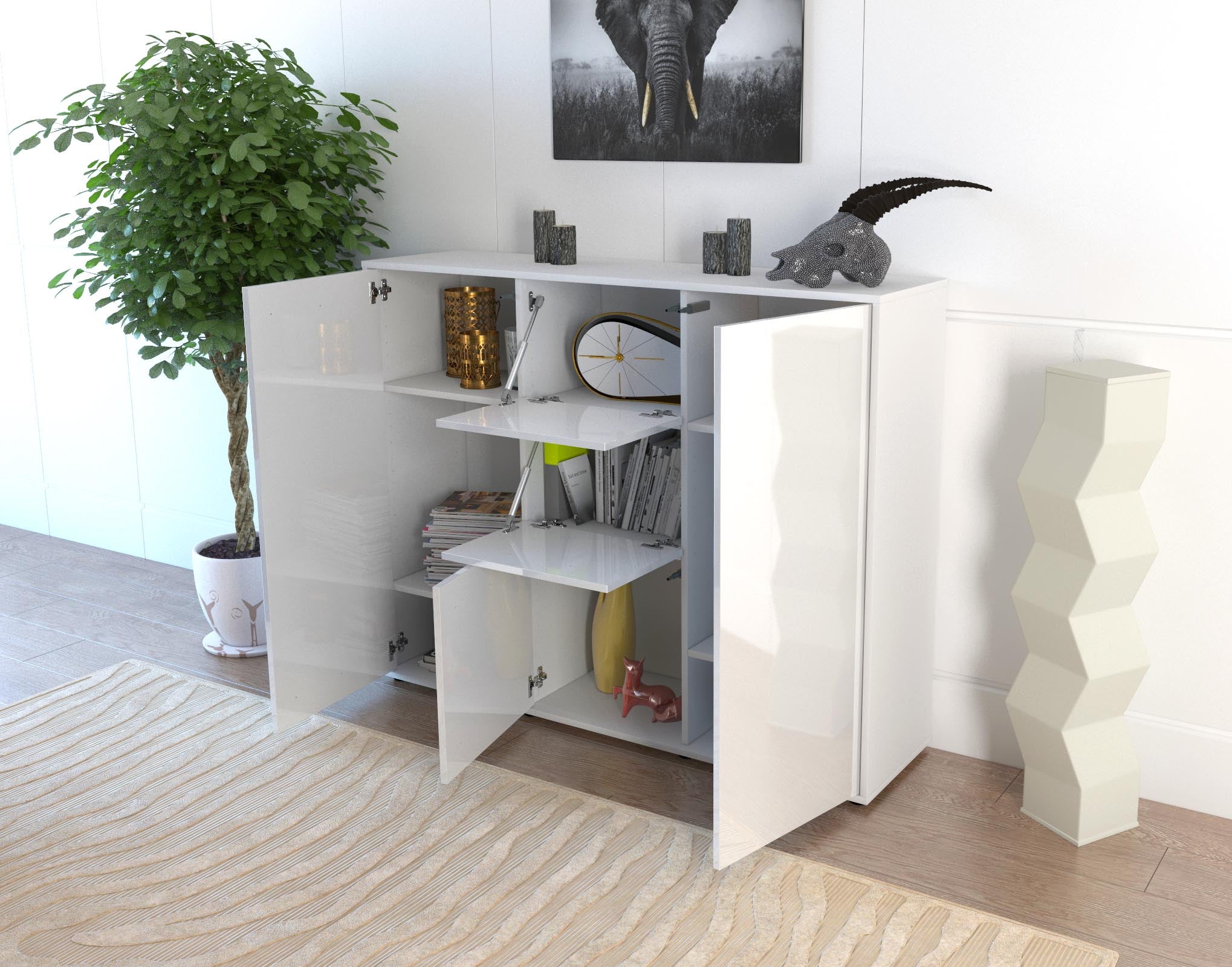 Highboard - Polina - Design Hochglanz - Freistehend mit Push to Open 136 cm Weiss