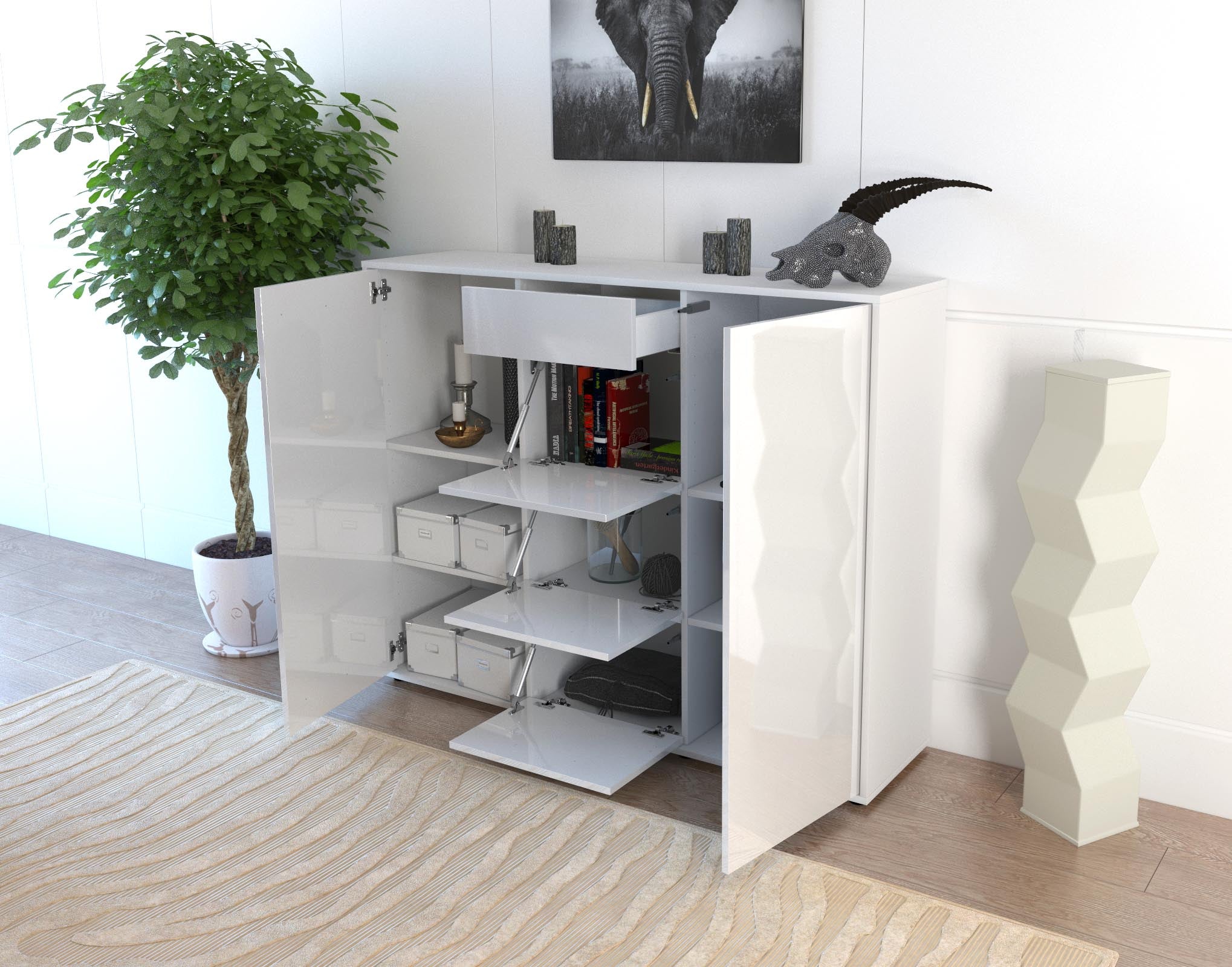Highboard - Prospera - Design Hochglanz - Freistehend mit Push to Open 136 cm Weiss