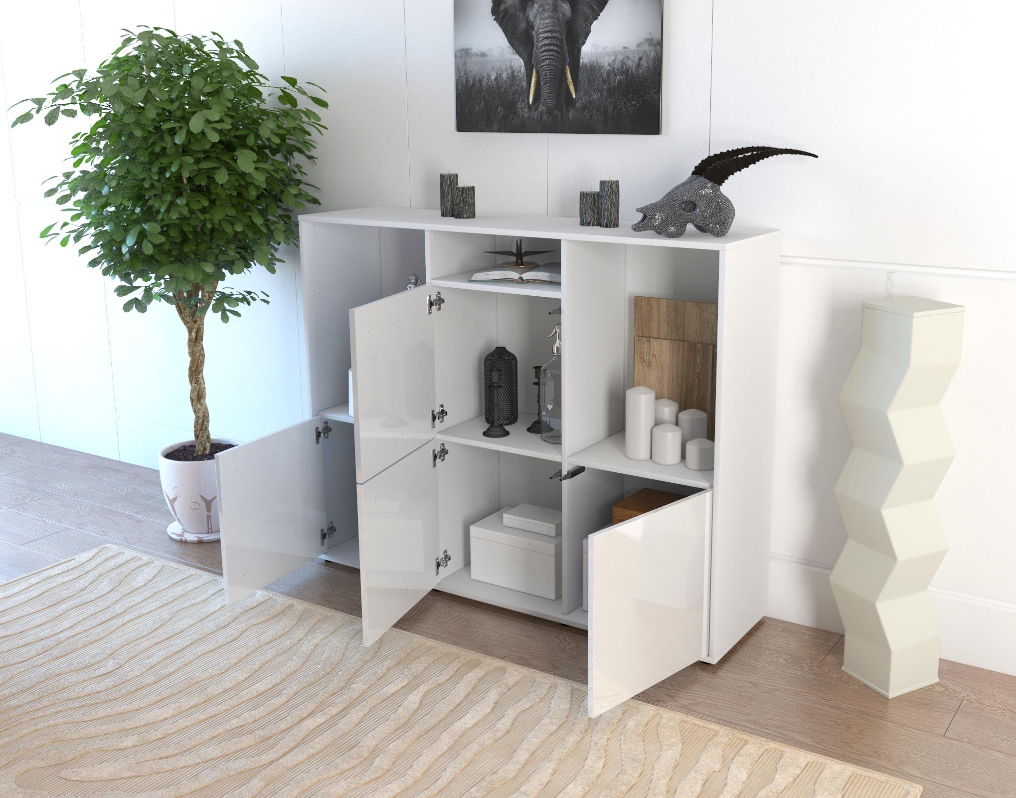 Highboard - Saskia - Design Hochglanz - Freistehend mit Push to Open 136 cm Weiss