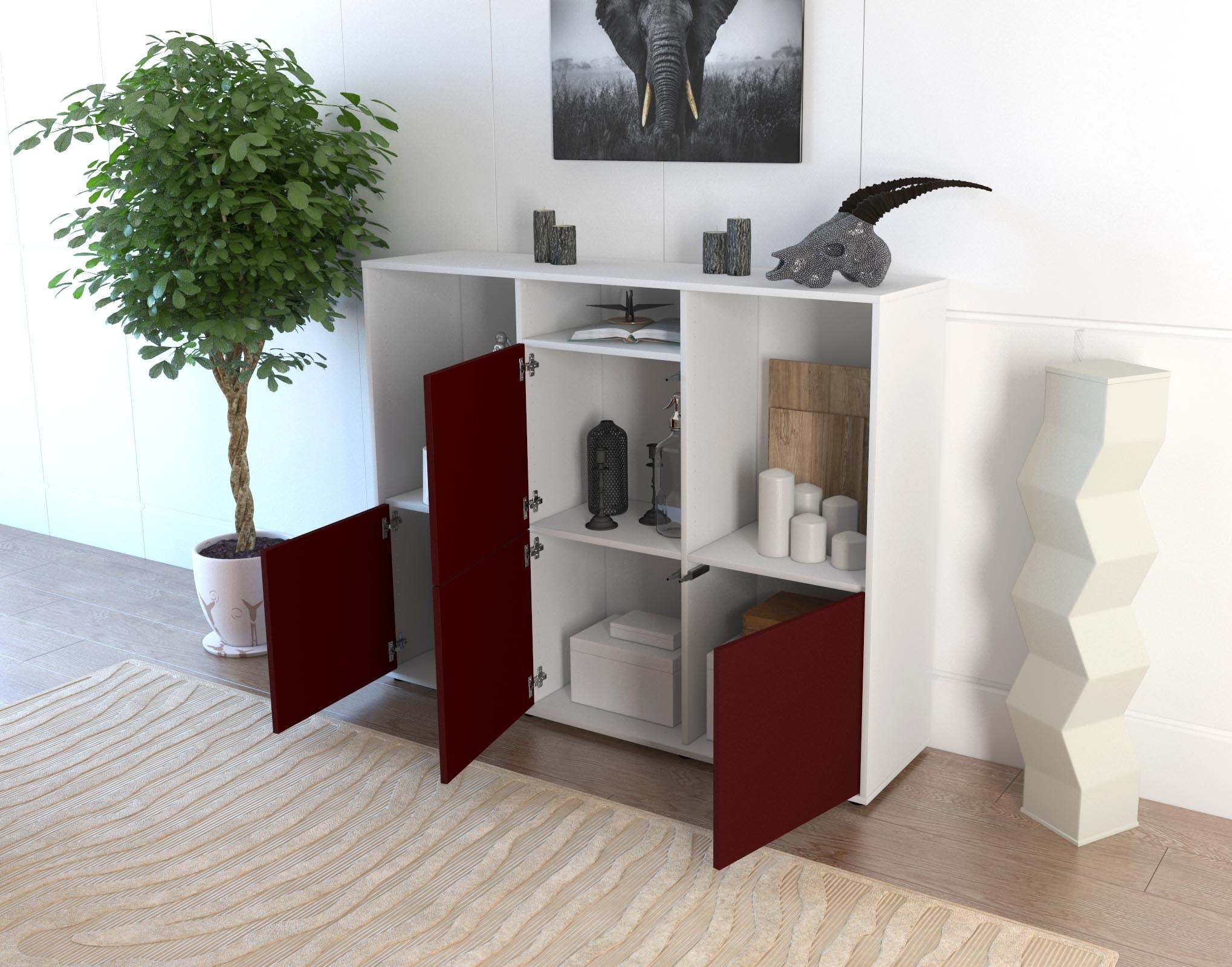 Highboard - Saskia - Design Farbakzent - Freistehend mit Push to Open 136 cm Weiss
