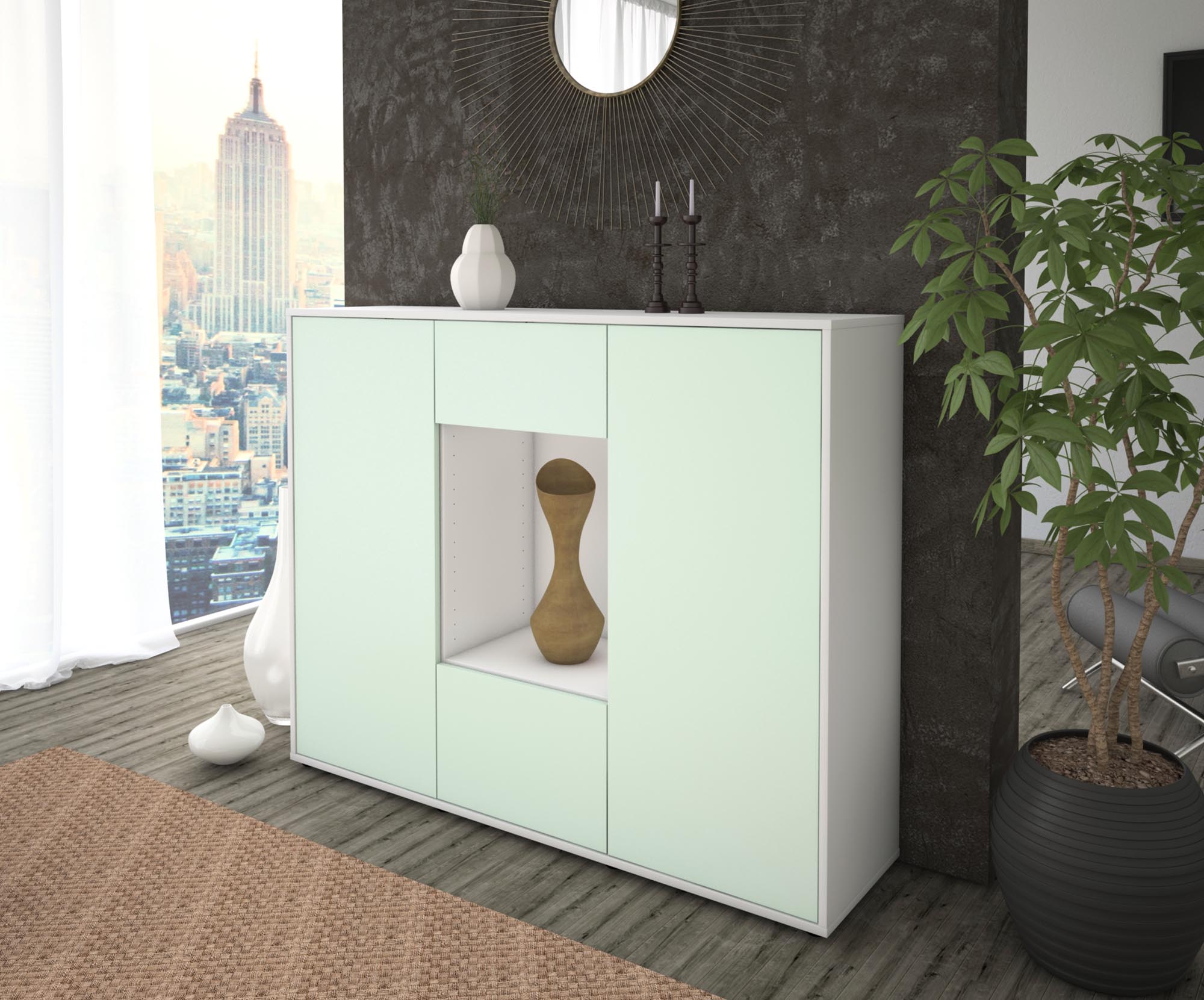 Highboard - Mara - Design Farbakzent - Freistehend mit Push to Open 136 cm Weiss