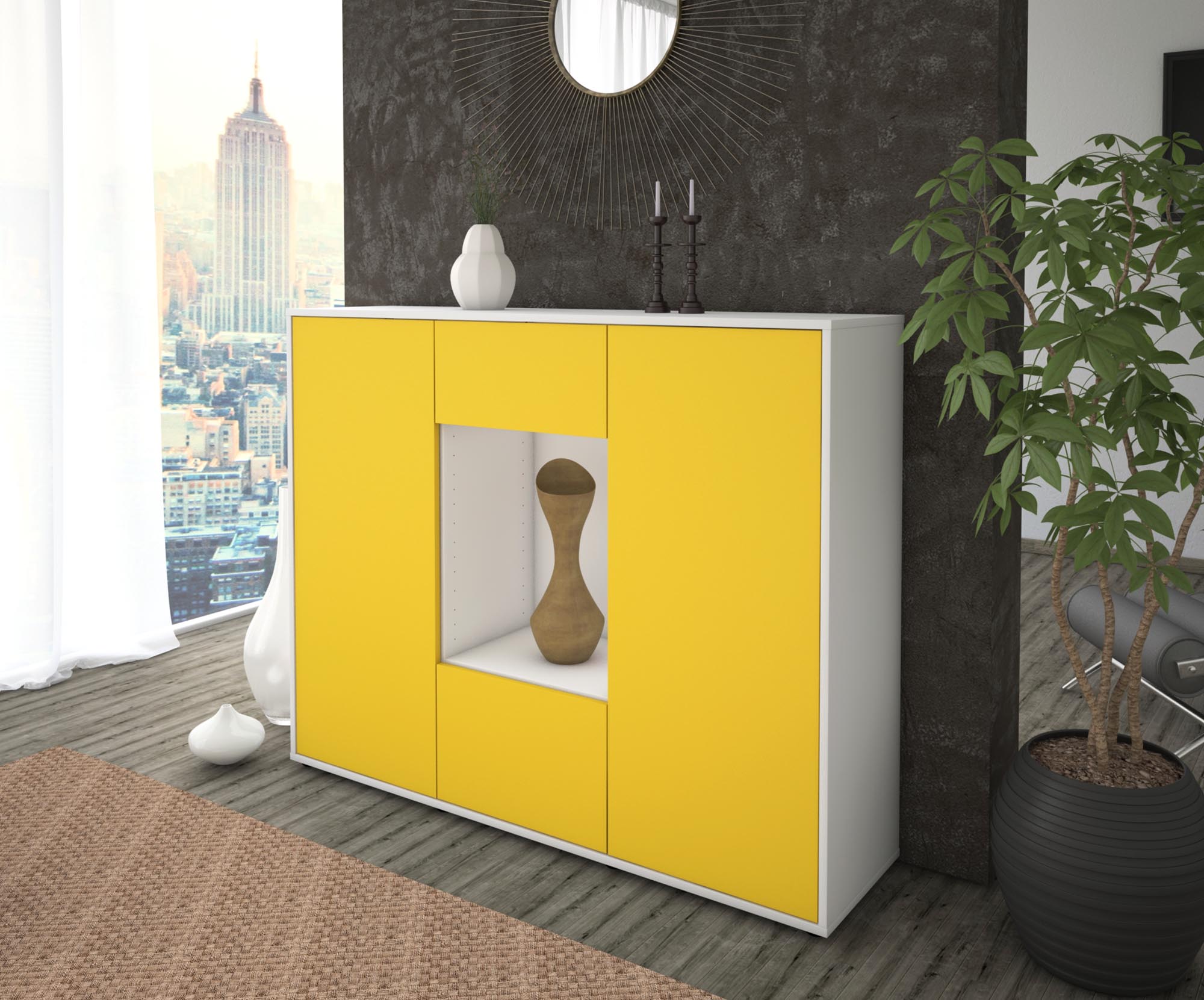 Highboard - Mara - Design Farbakzent - Freistehend mit Push to Open 136 cm Weiss