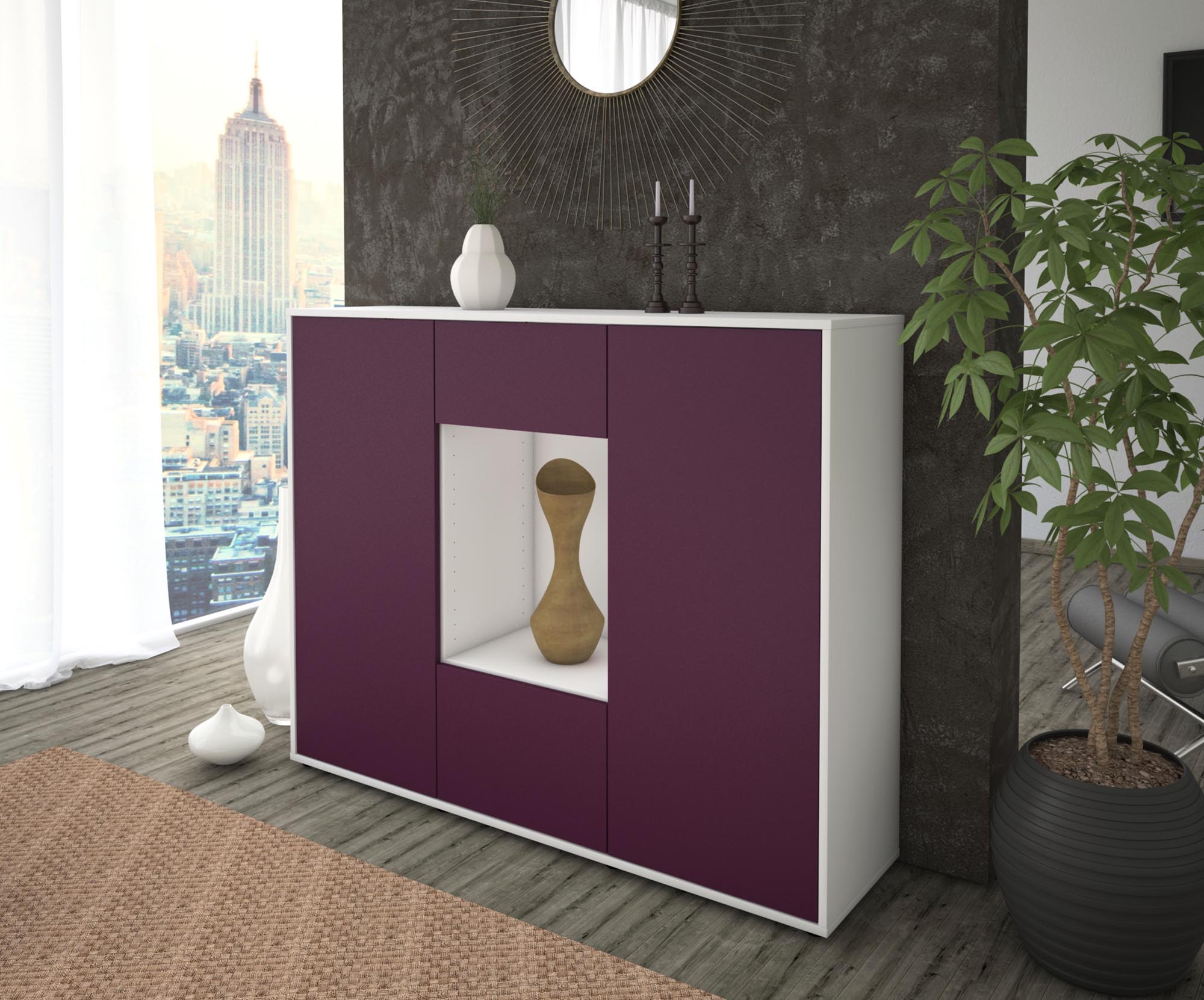 Highboard - Mara - Design Farbakzent - Freistehend mit Push to Open 136 cm Weiss