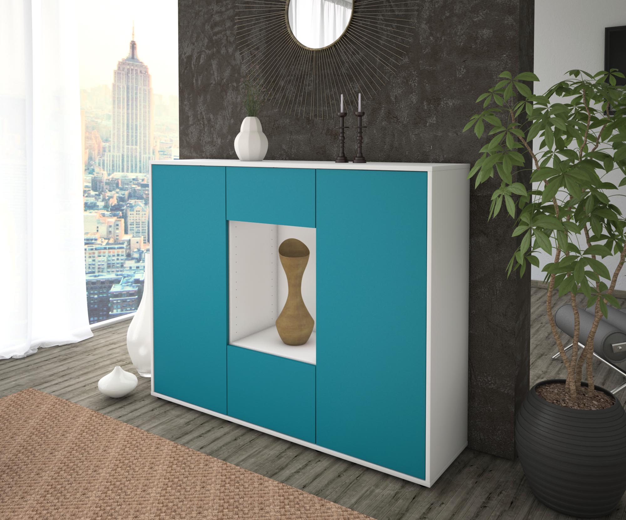 Highboard - Mara - Design Farbakzent - Freistehend mit Push to Open 136 cm Weiss