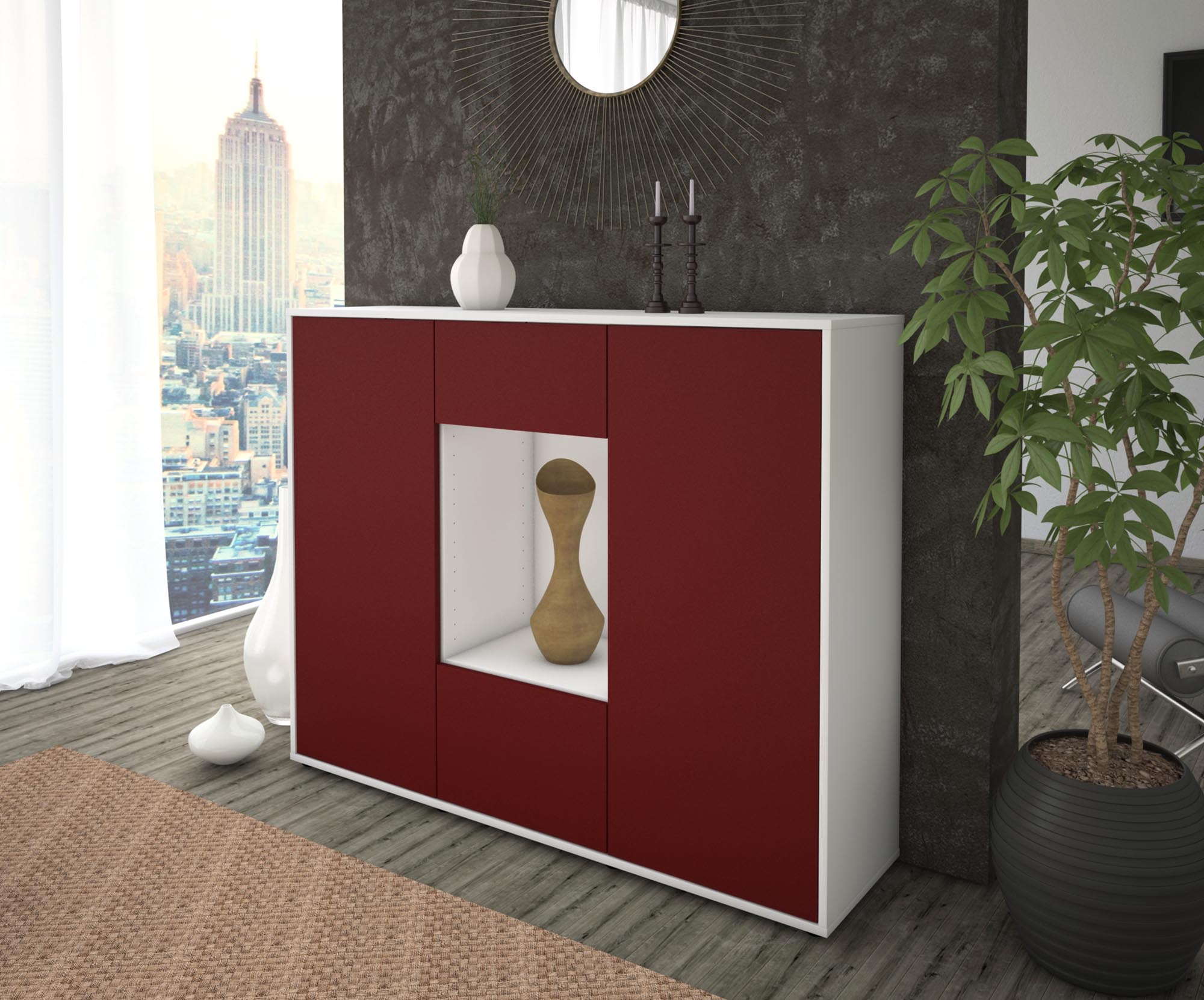 Highboard - Mara - Design Farbakzent - Freistehend mit Push to Open 136 cm Weiss