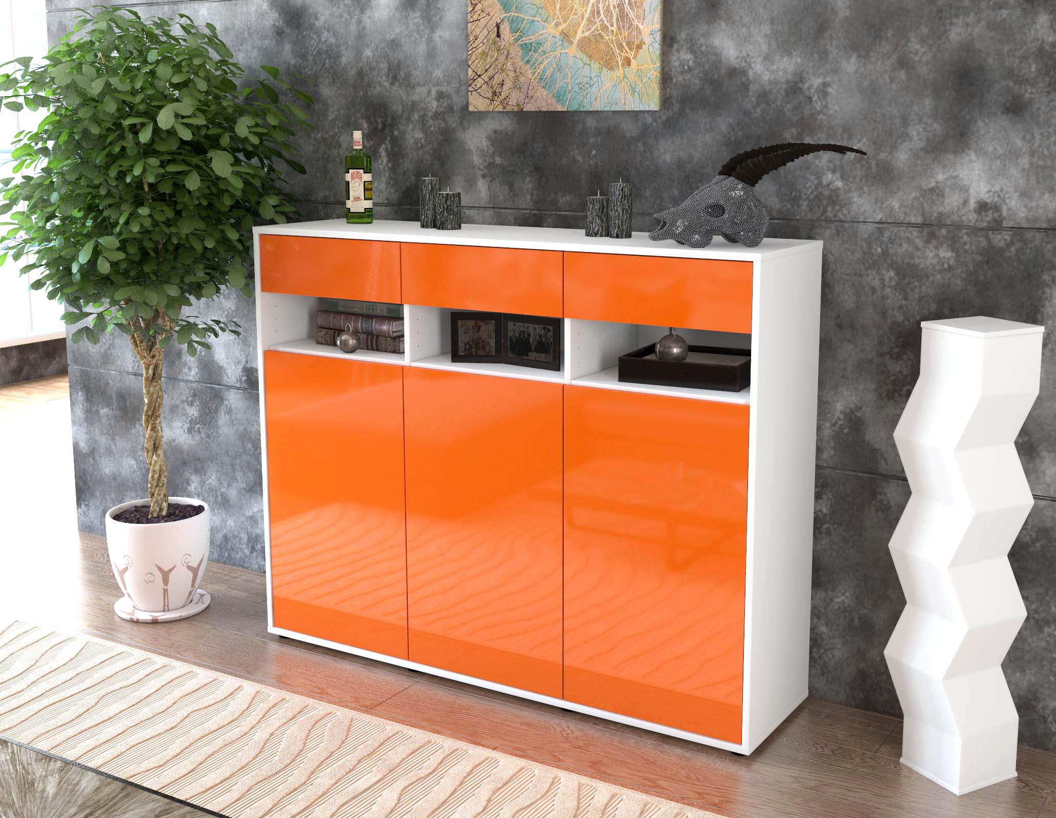 Highboard - Marlene - Design Hochglanz - Freistehend mit Push to Open 136 cm Weiss